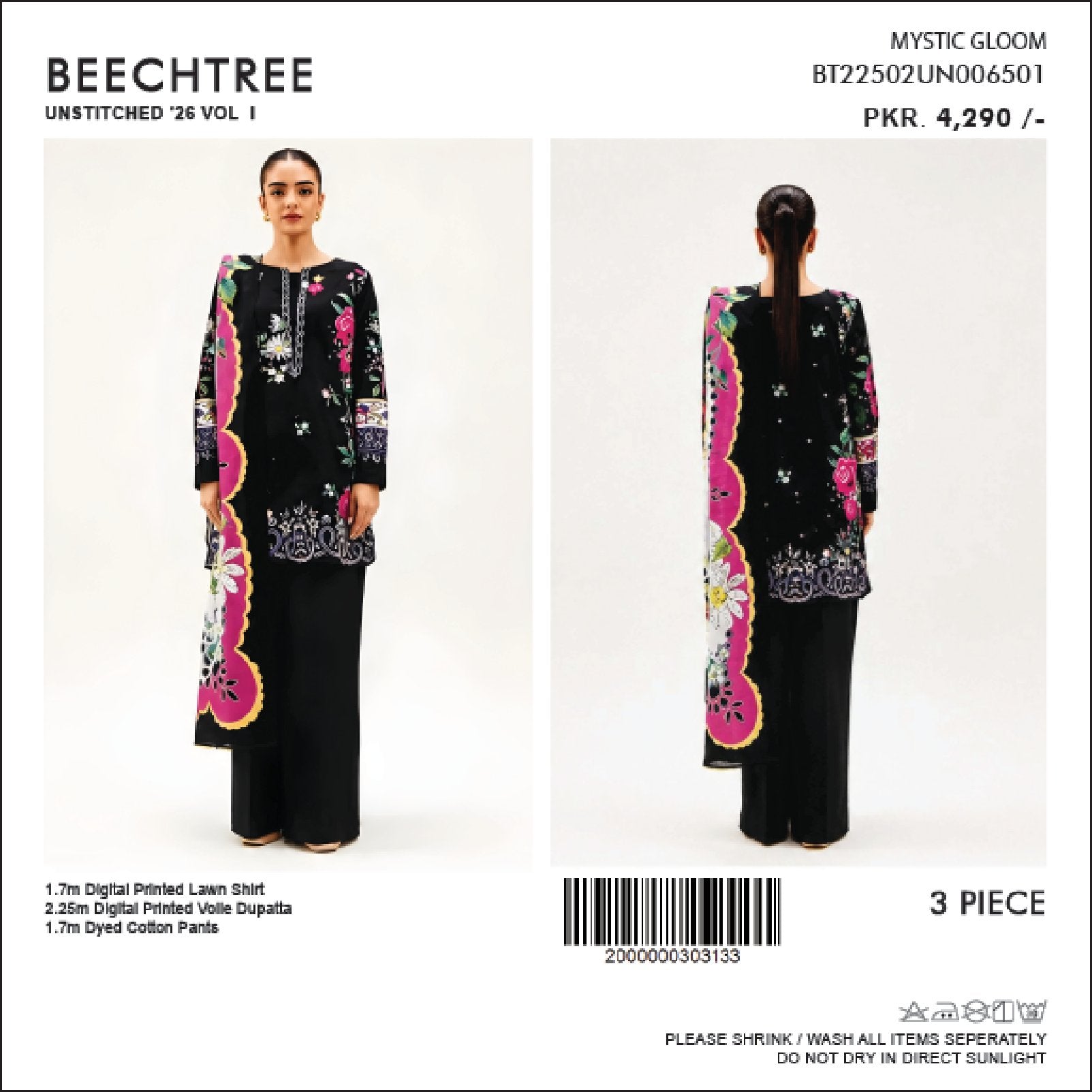 BeechTree Printed Lawn 3PC With Voil Dupatta 001747