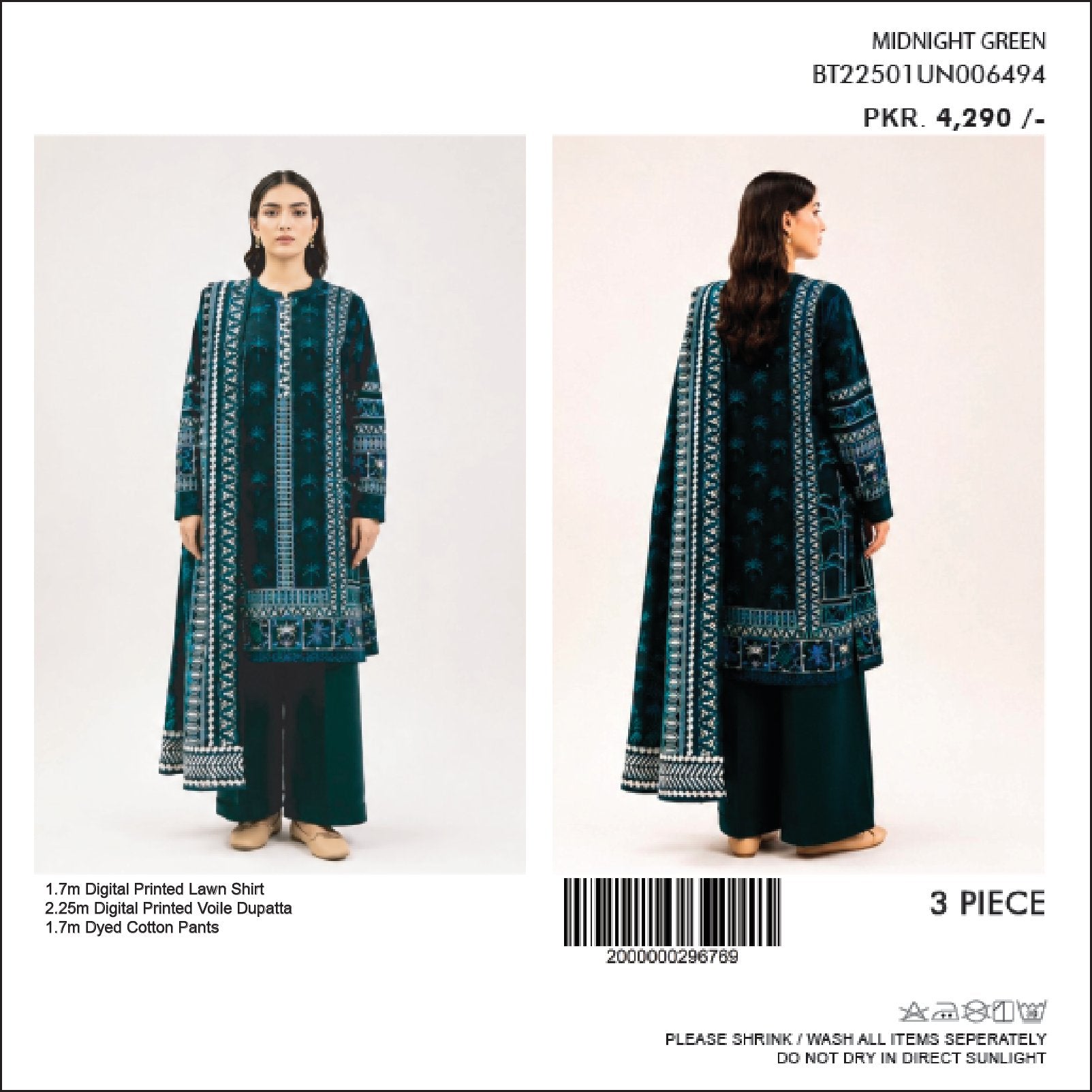 BeechTree Printed Lawn 3PC With Voil Dupatta 001748