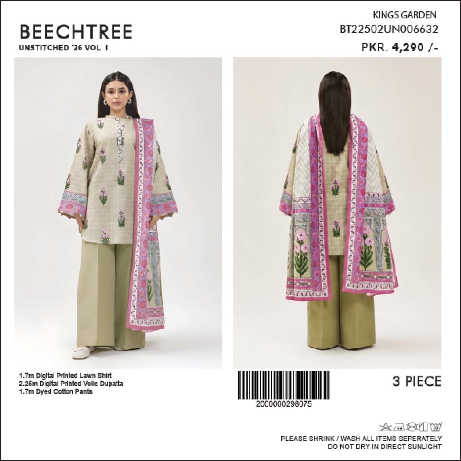 BeechTree Printed Lawn 3PC With Voil Dupatta 001749