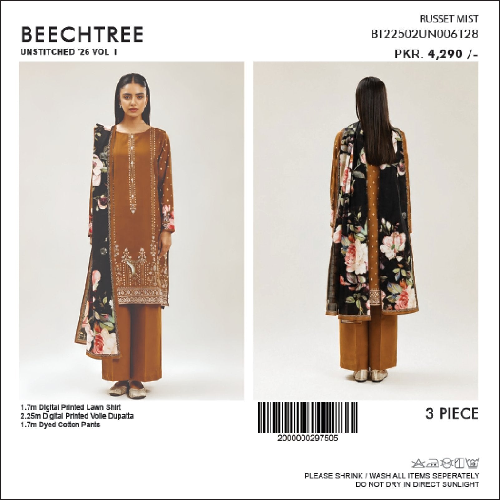 BeechTree Printed Lawn 3PC With Voil Dupatta 001750