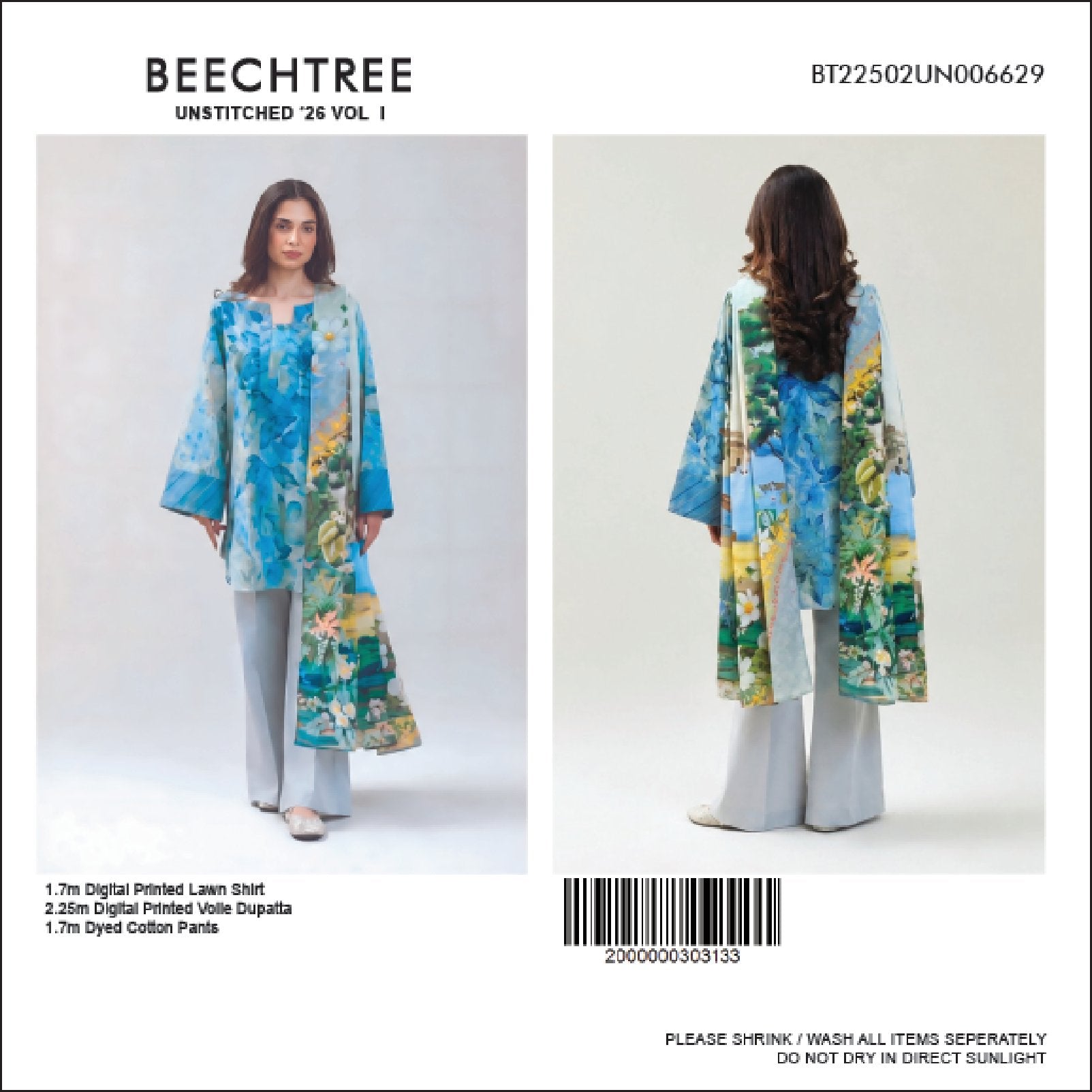 BeechTree Printed Lawn 3PC With Voil Dupatta 001751