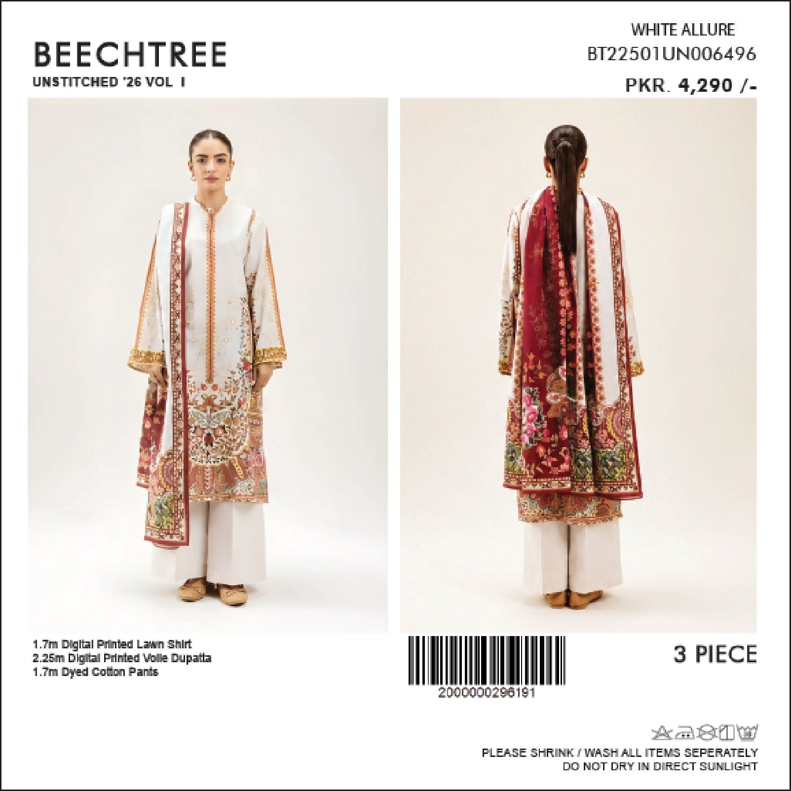 BeechTree Printed Lawn 3PC With Voil Dupatta 001752