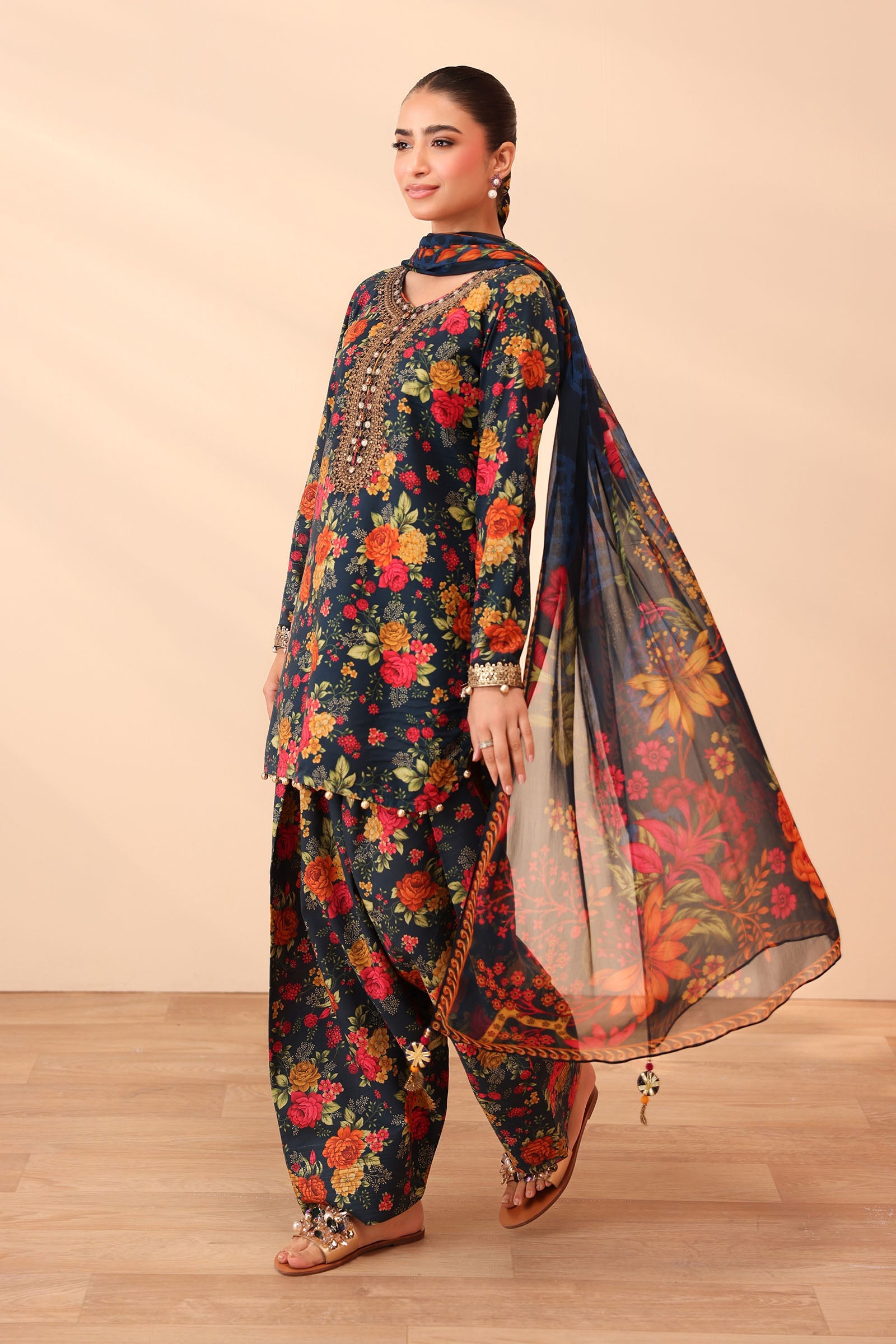 Maria B M Prints Embroidered 3Pcs Suit | DW-PF25-63-Teal