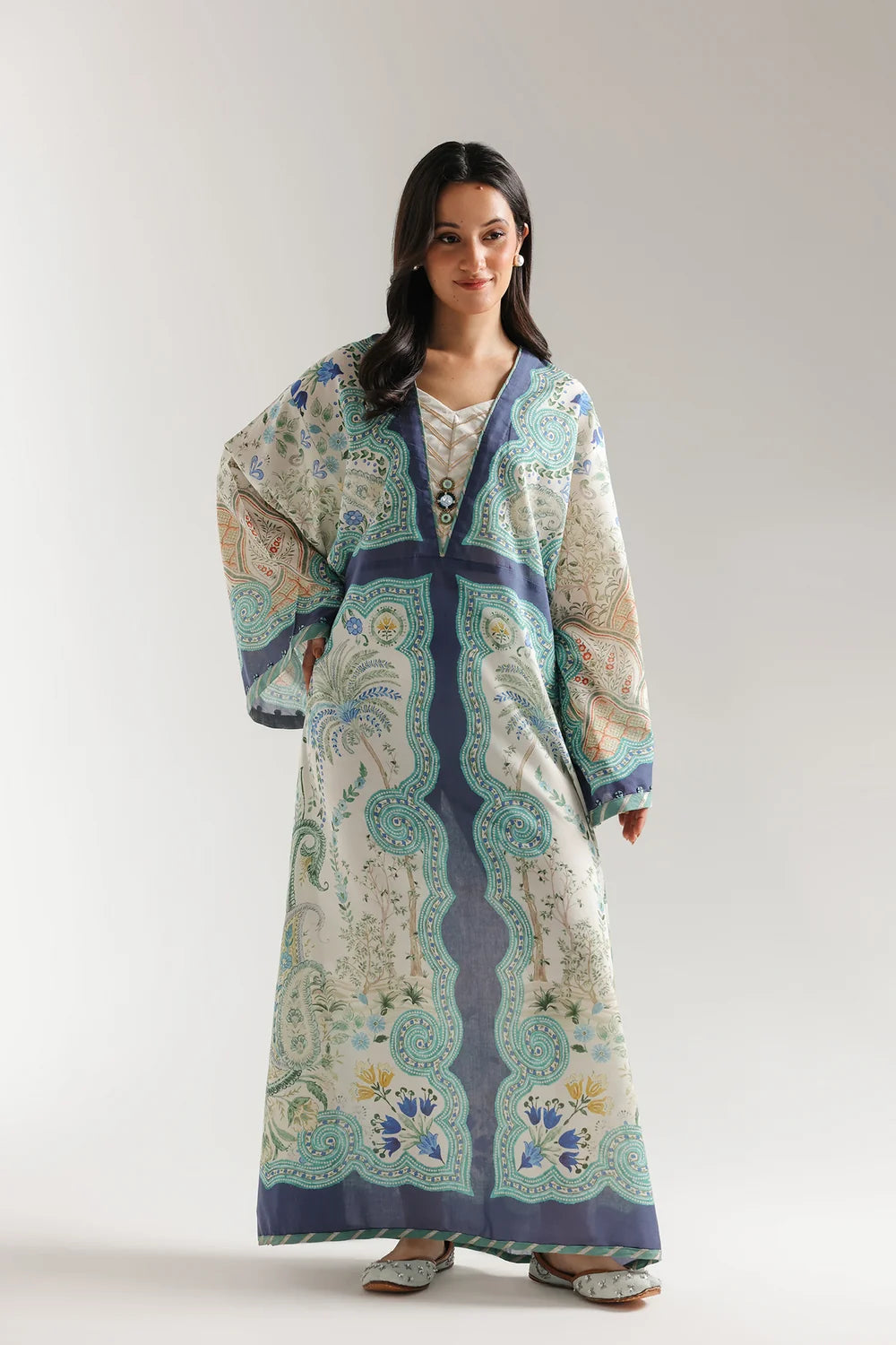 Ethnic Printed Shamos Silk Kaftan 2Pcs Shirt Trouser Unsticthed COCONUT MILK