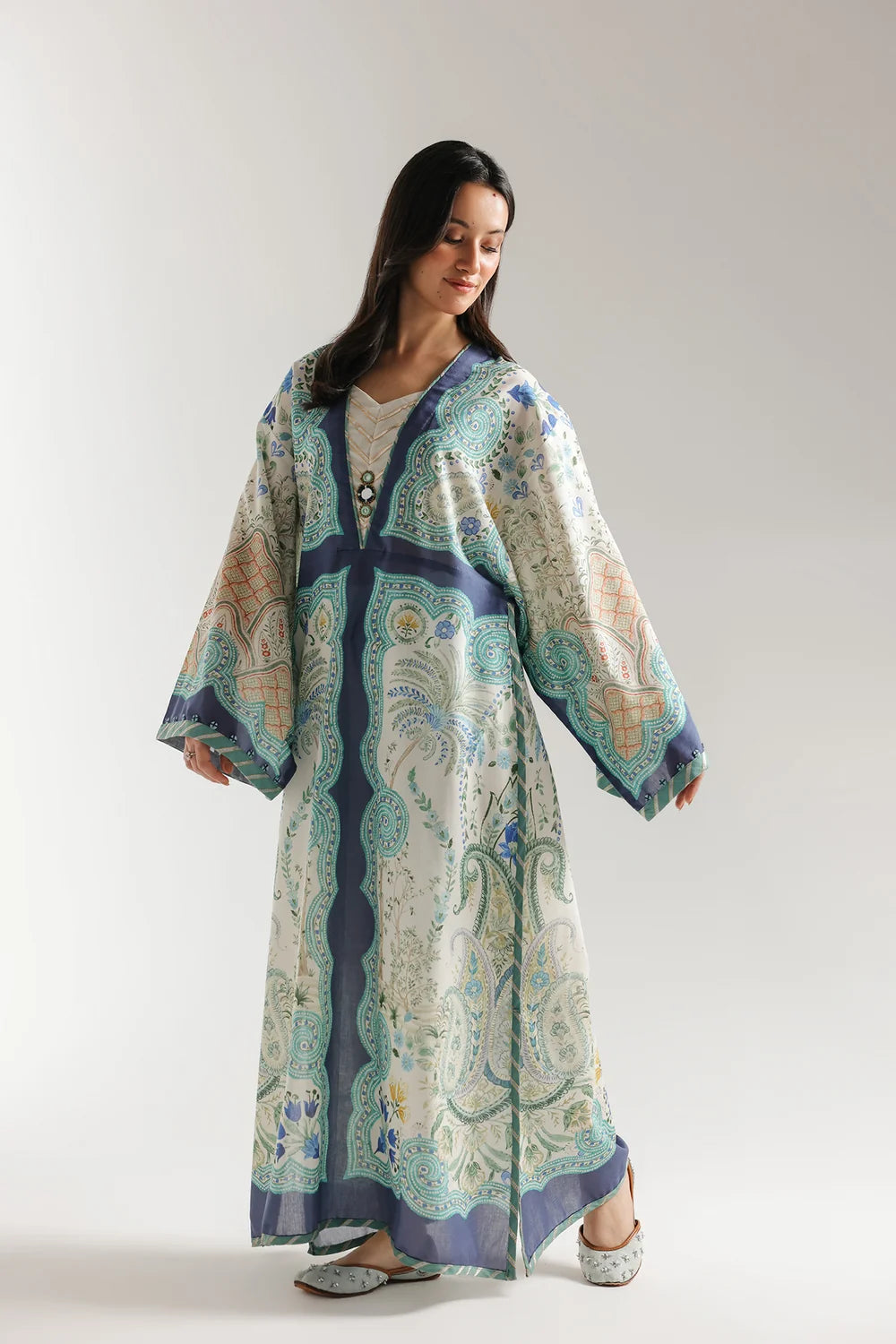 Ethnic Printed Shamos Silk Kaftan 2Pcs Shirt Trouser Unsticthed COCONUT MILK