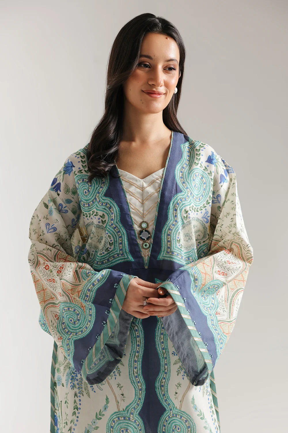 Ethnic Printed Shamos Silk Kaftan 2Pcs Shirt Trouser Unsticthed COCONUT MILK