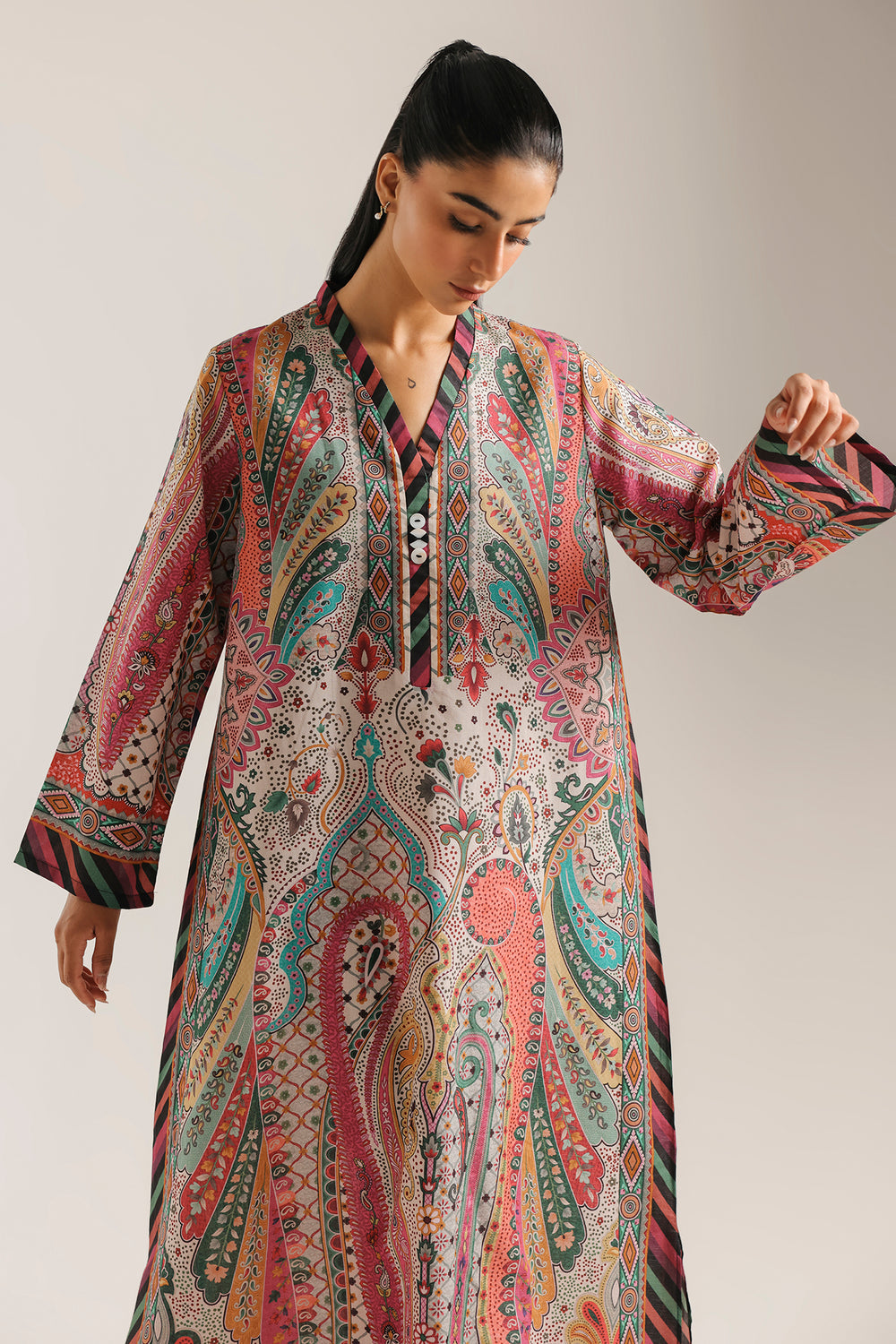 Ethnic Printed Shamos Silk Kaftan 2Pcs Shirt Trouser Unsticthed