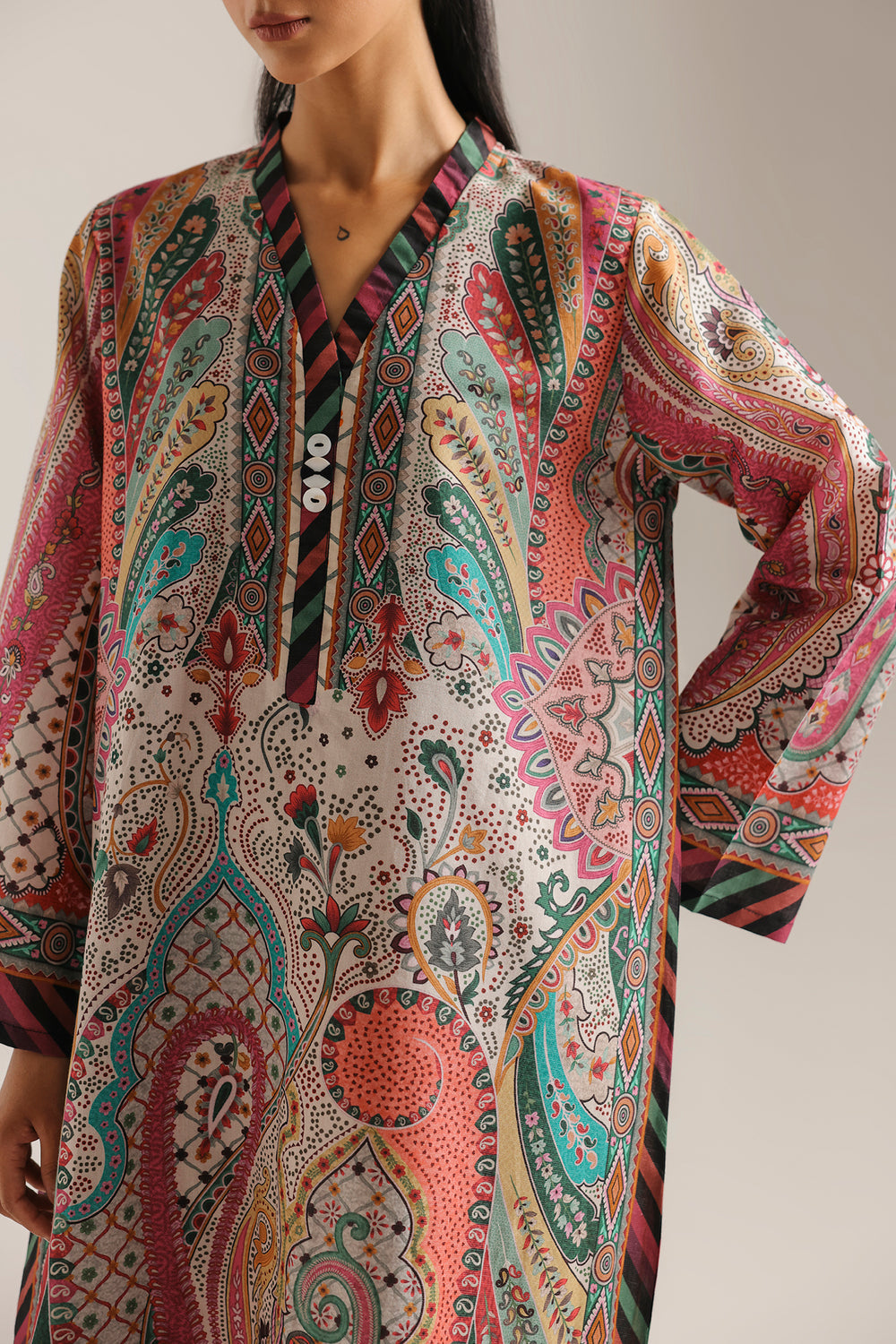 Ethnic Printed Shamos Silk Kaftan 2Pcs Shirt Trouser Unsticthed