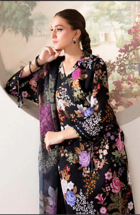 Maria B M Print Lawn Unstitched Printed Trouser With Chiffon Dupatta 3Pc baroqblk