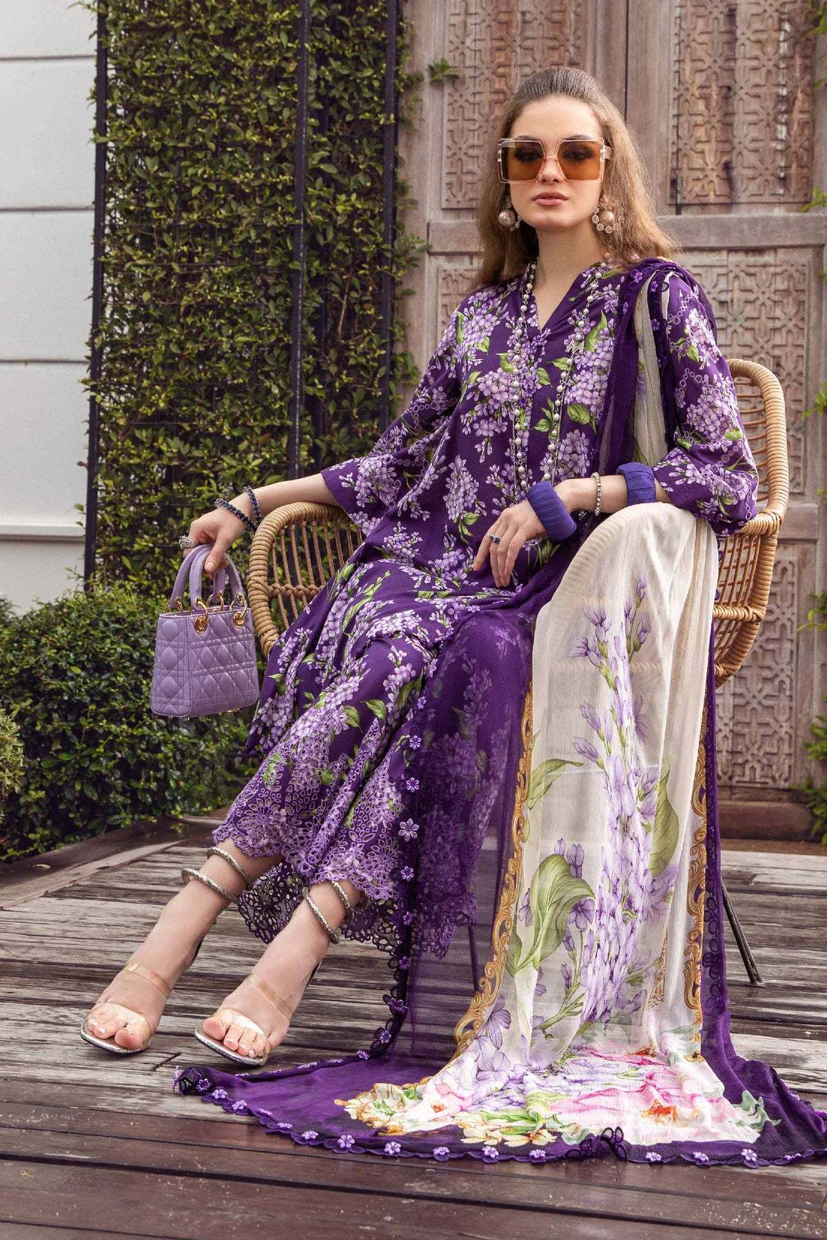 Maria B M Print Lawn Unstitched Printed Trouser With Chiffon Dupatta 3Pc (hit-purple-flower)