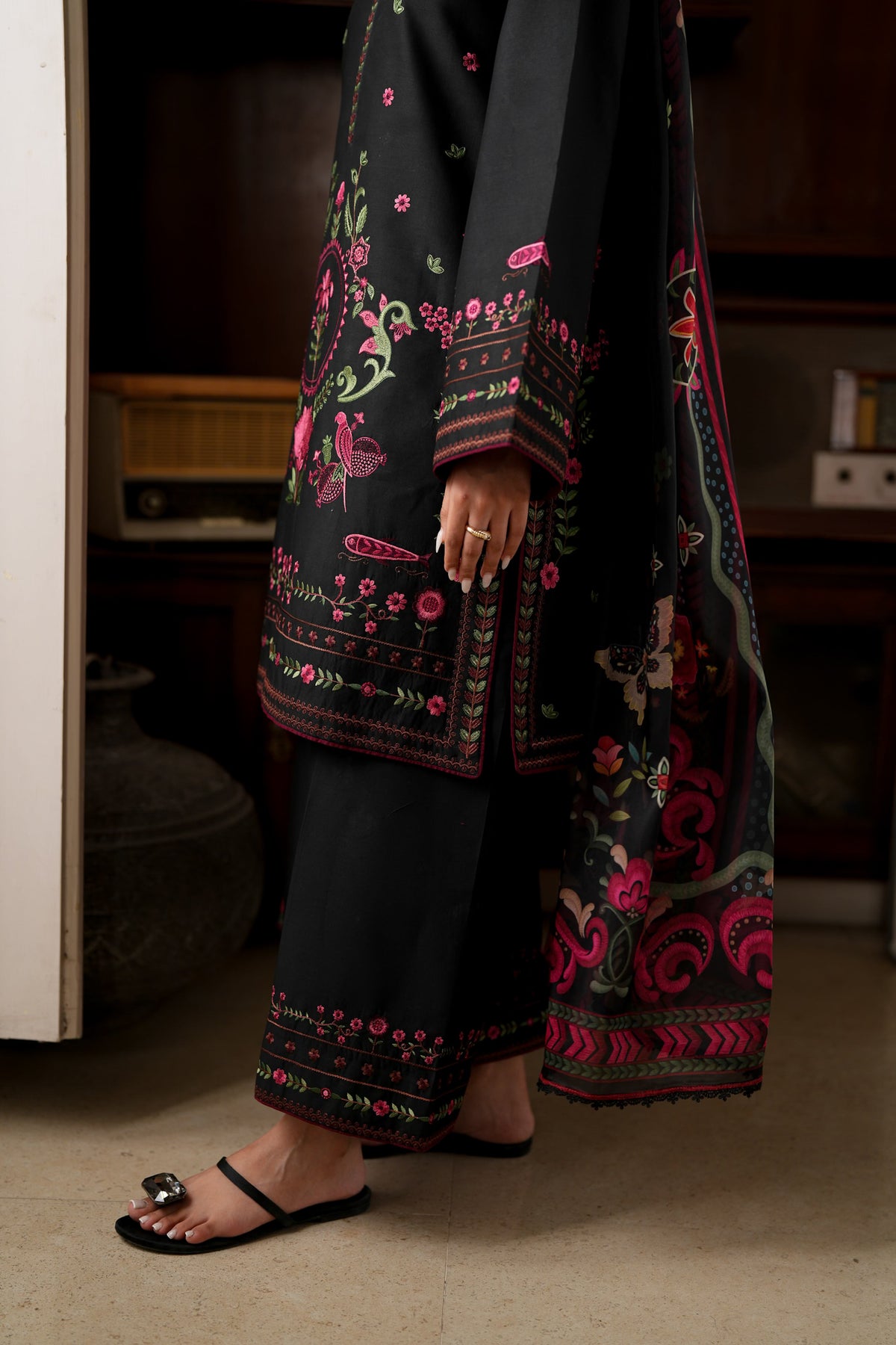 Elbellara Fully Embroidered Khaddar 3-Piece Suit Skylight Black