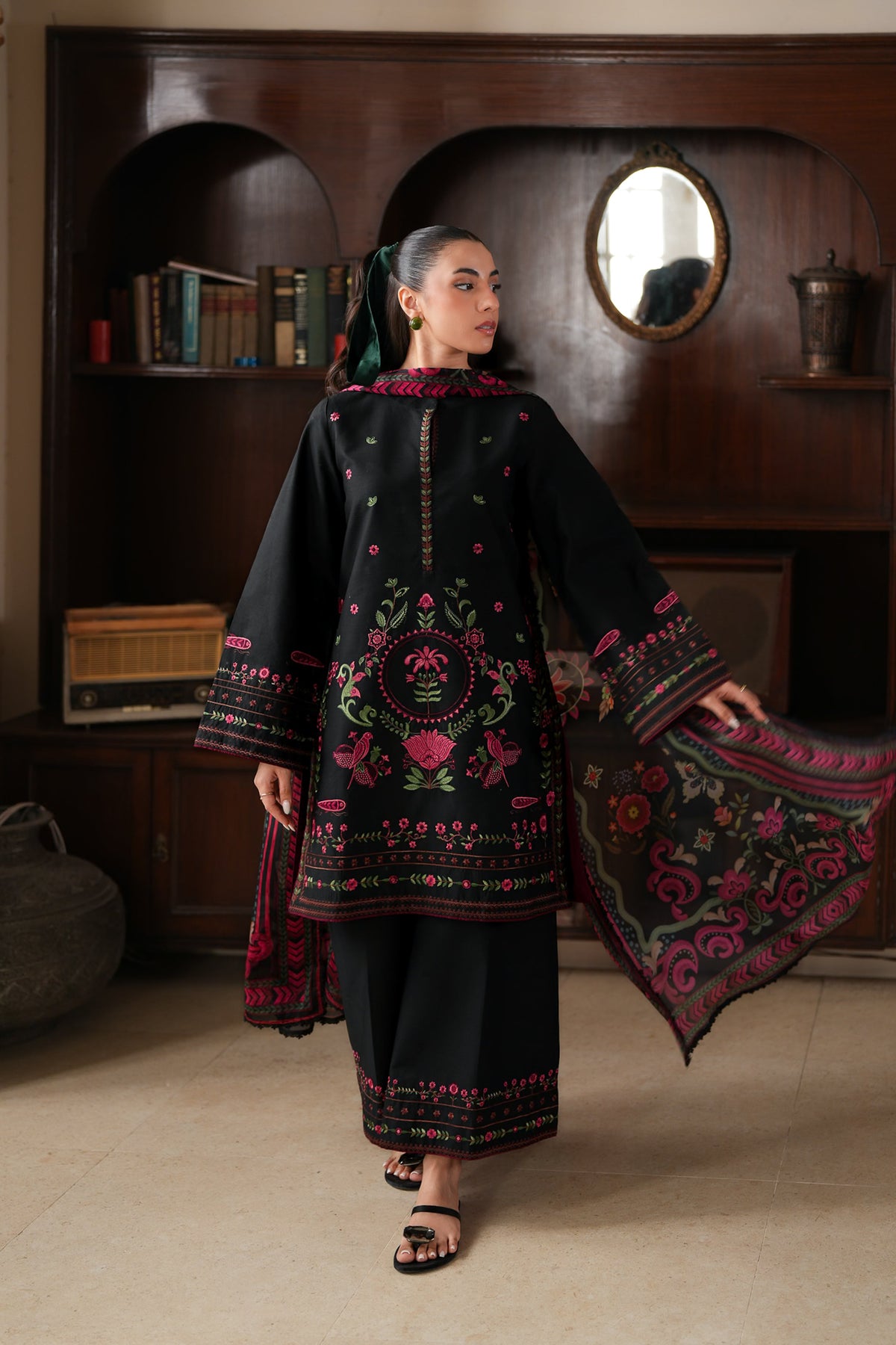 Elbellara Fully Embroidered Khaddar 3-Piece Suit Skylight Black