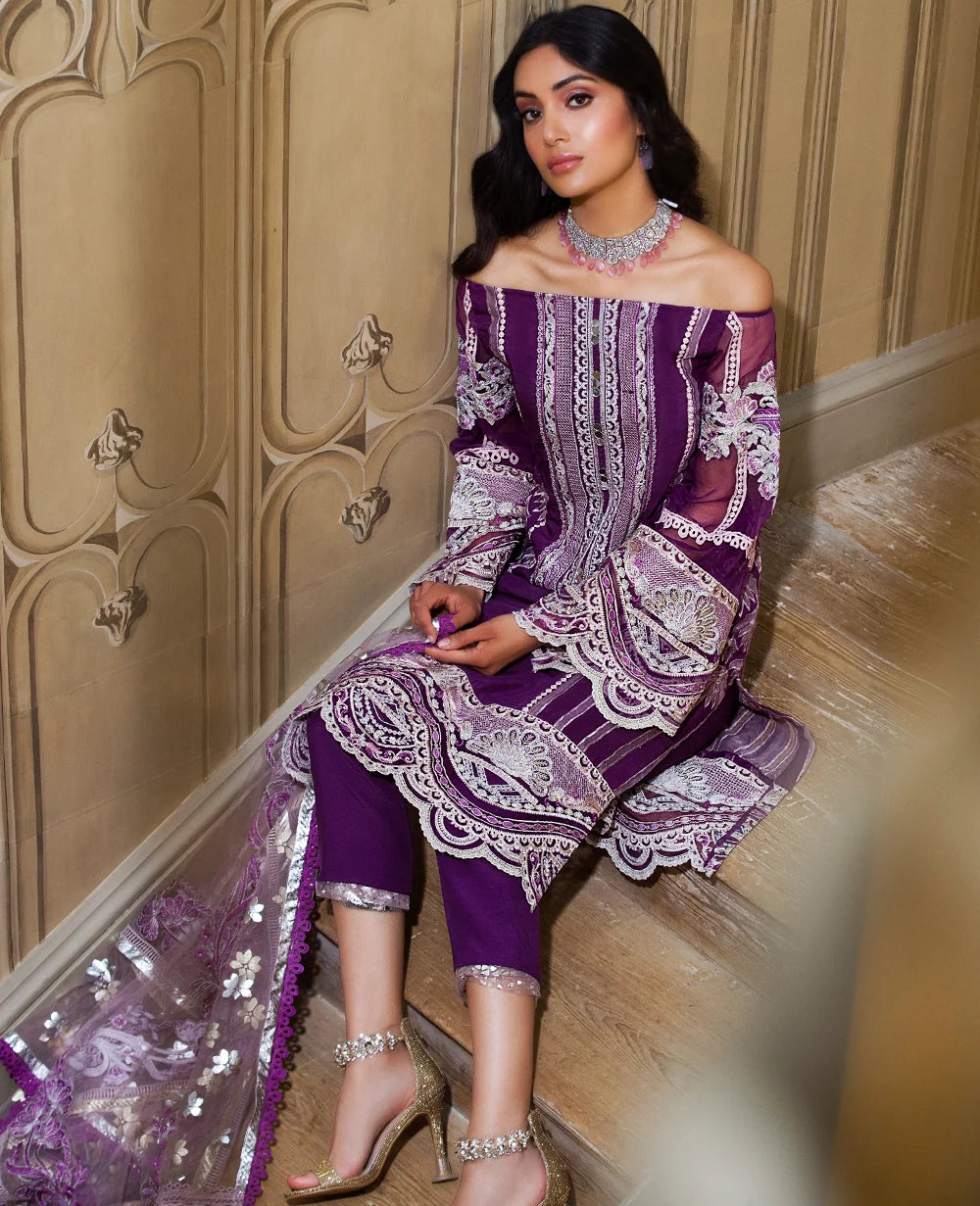 VISCOSE SILK LUXURY UNSTITCHED 3PCS | EMBROIDED PATCHES HEAVY WORKED SW-08-ESMA