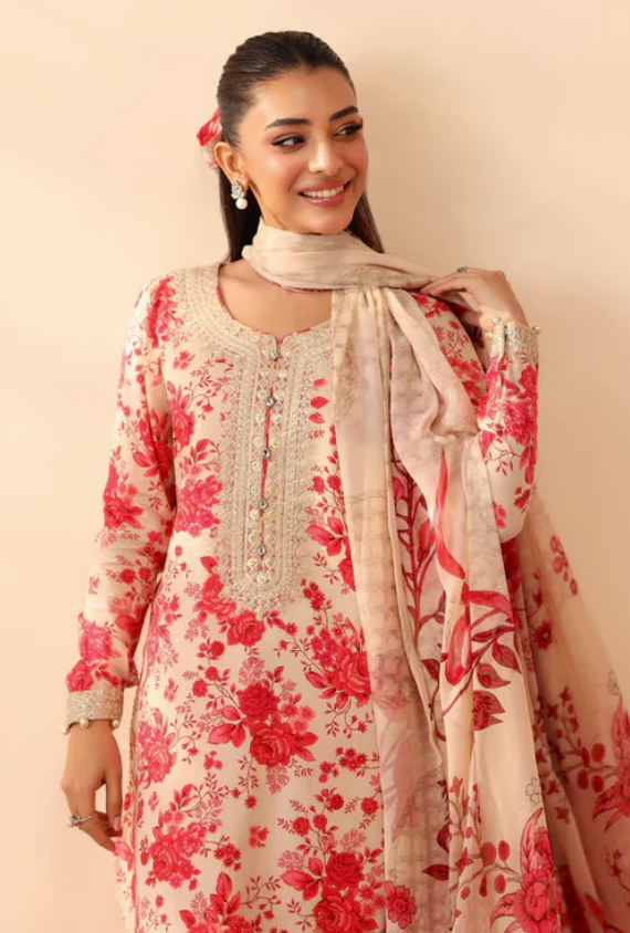 Maria B M Prints Embroidered Stitched 3Pcs Suit | Pink