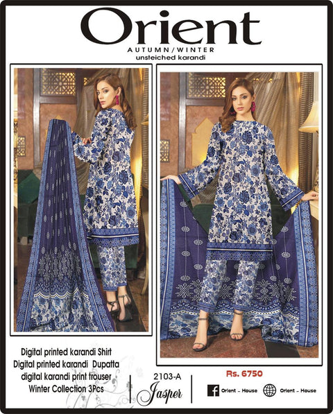 Orient Allover Karandi Heavy Danedaar 3Pcs Whiteblue Contrast