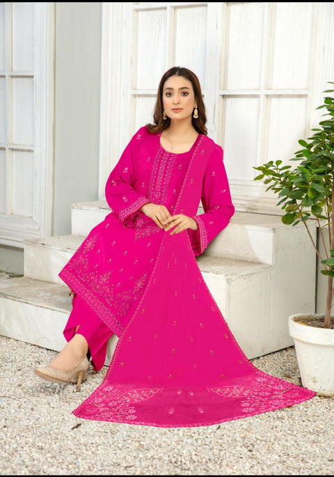 Gulle-Noor Embroidered Luxury Chikenkari 3 piece with Pure Cutwork Dupatta pink