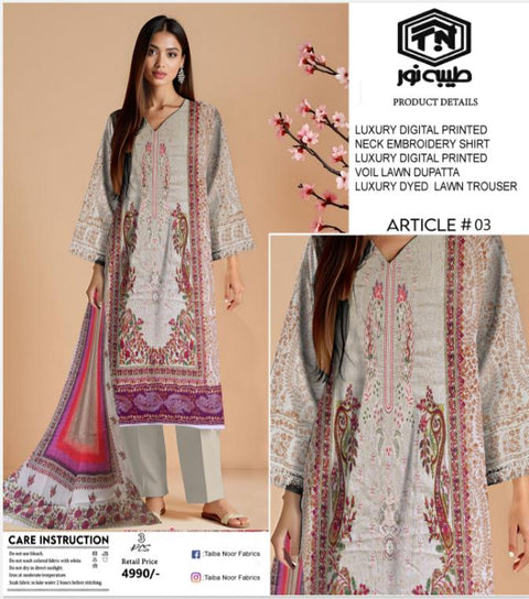 Tayyab Noor Embroidered Lawn 3-Piece Suit -Air jet Superior Lawn 000319