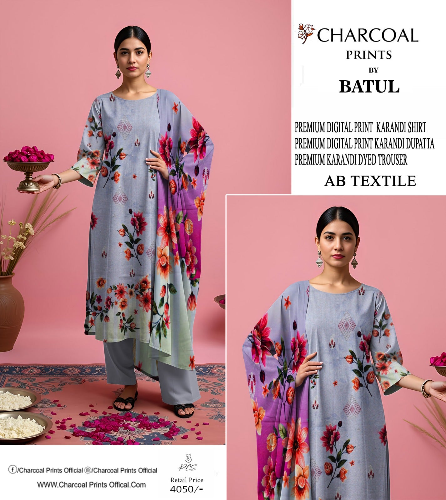 Karandi collection 3Pcs Suit– Charocol Prints Original 000527