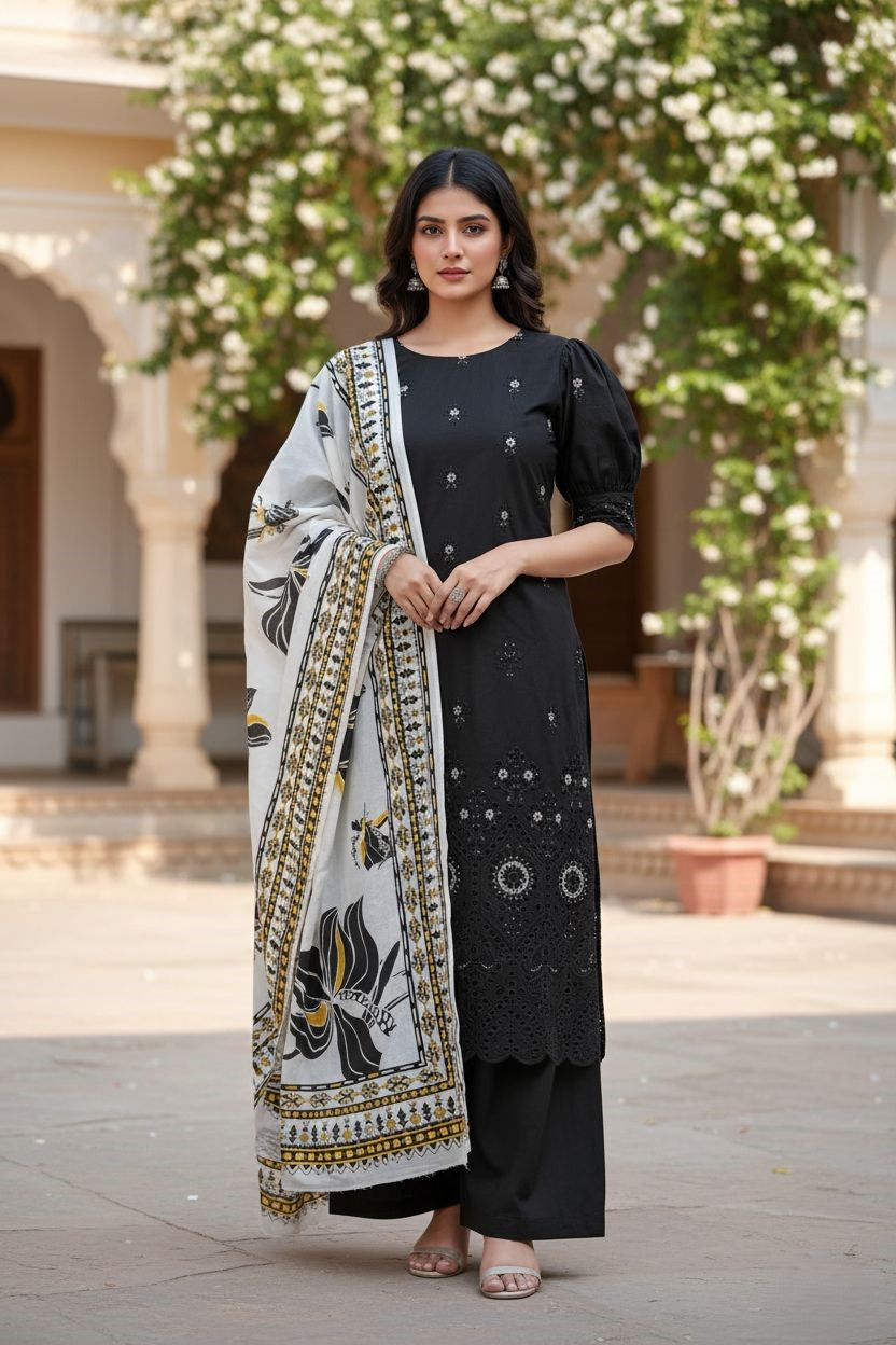 Luxury Khaddar Chikankari Embroidered 3-Piece Suit with Digital Printed Khaddar Shawl D-1066