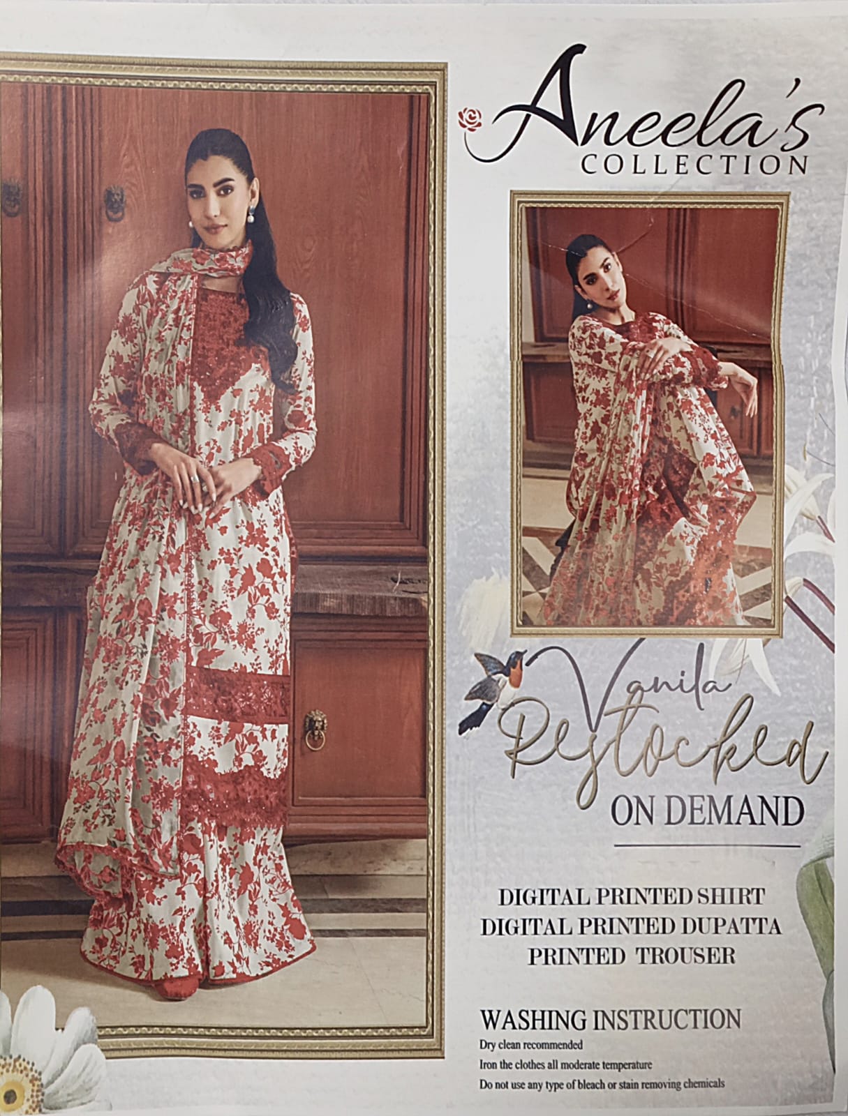 Aneela's 3 Piece Unstitched Heavy Embroidered Lawn Replica Suit | Aneela Skin Red