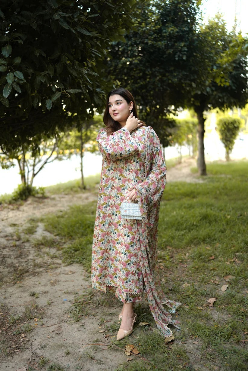 Aneela's Hit Code 3Pcs  Printed Lawn Suit With Voil Dupatta 001601