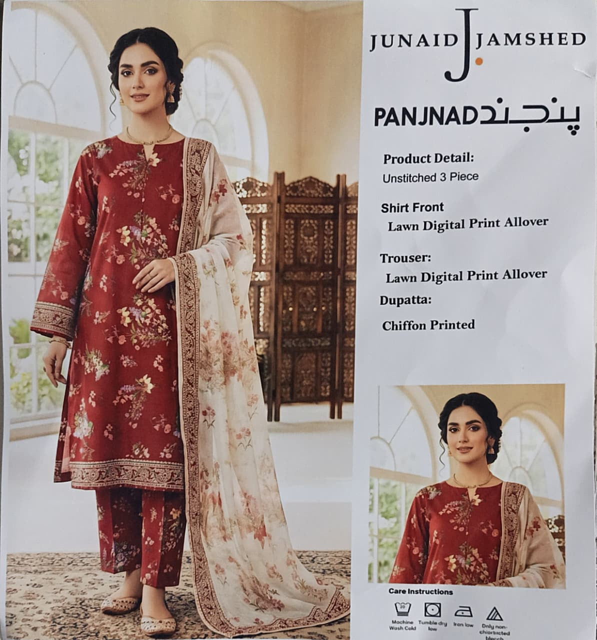 J. Printed Lawn 3-Piece Suit With Chiffon Dupatta 001736