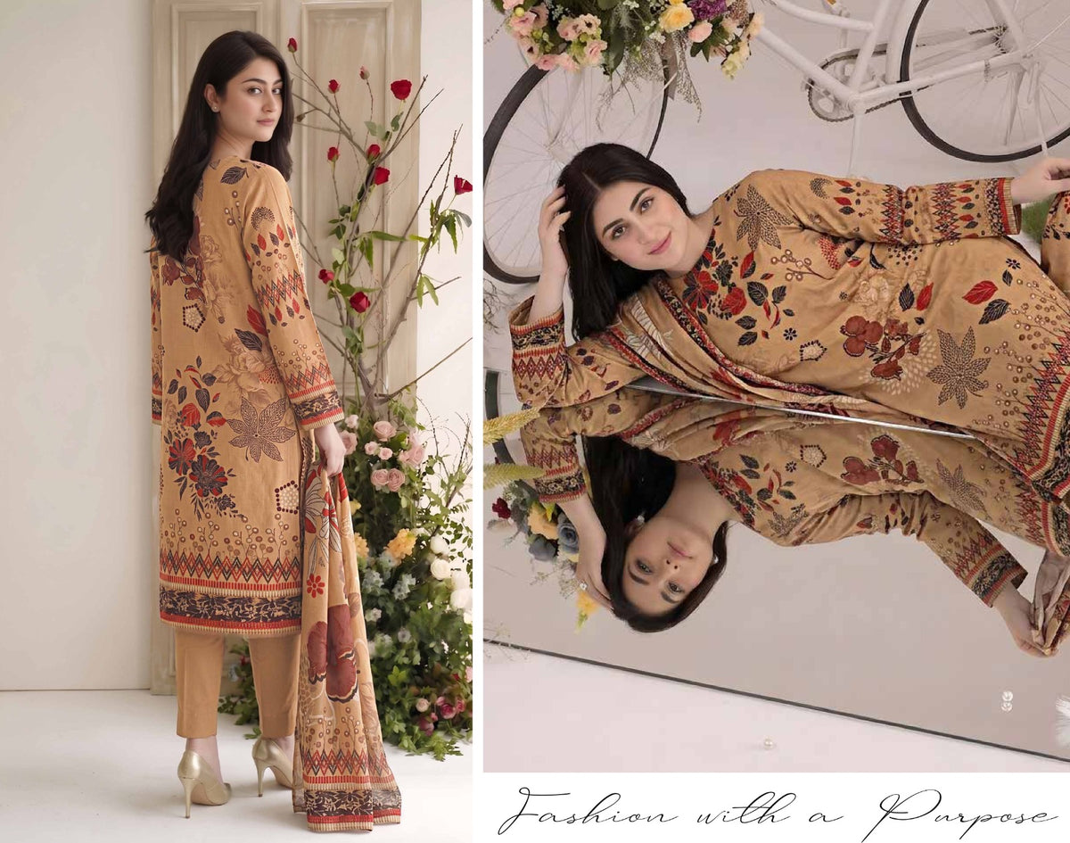 Afsana By Khushi Digital Printed Lelan 3pcs With Dyed Trouser 001954