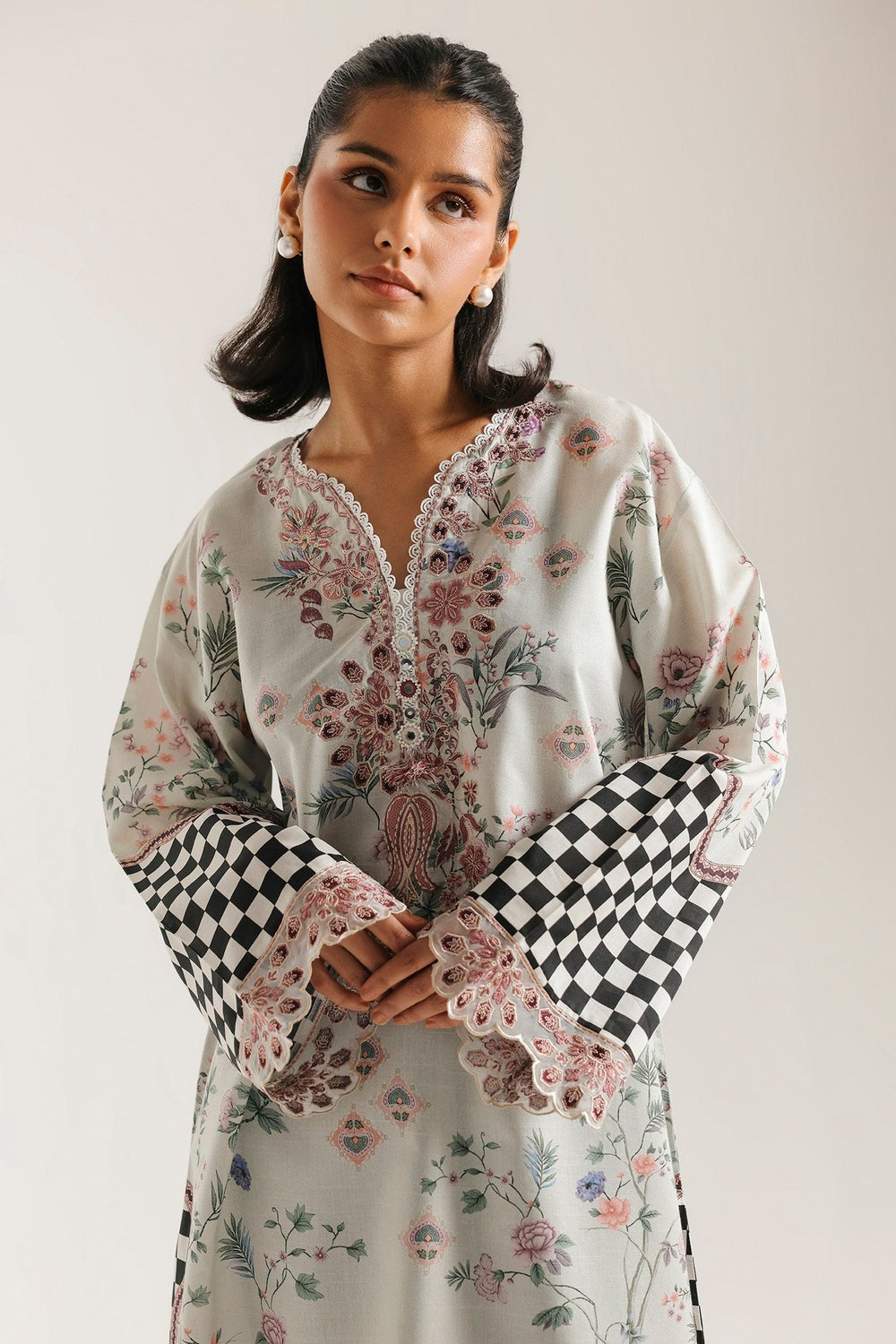 Ethnic Printed Grip Silk Kaftan 2Pcs Shirt Trouser Unsticthed