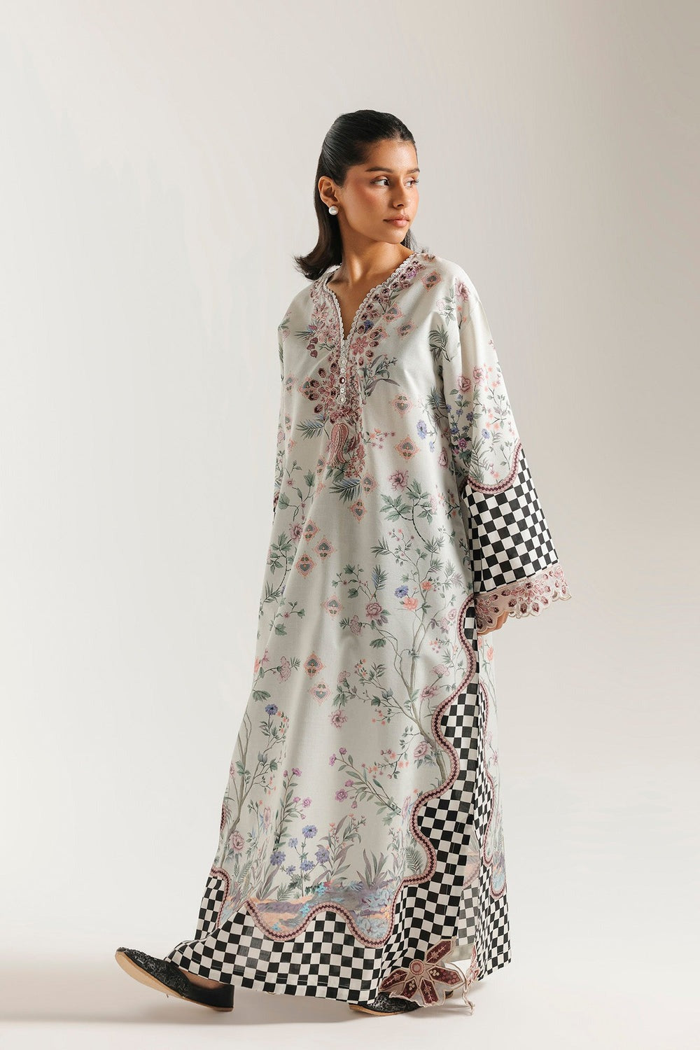 Ethnic Printed Grip Silk Kaftan 2Pcs Shirt Trouser Unsticthed