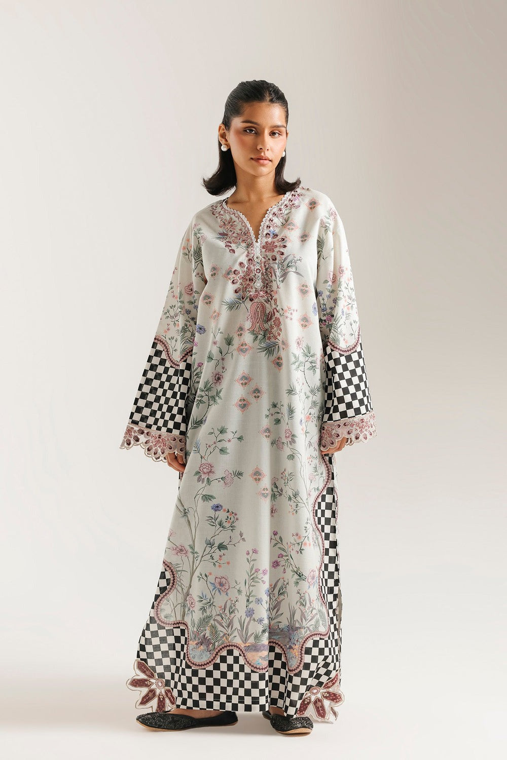 Ethnic Printed Grip Silk Kaftan 2Pcs Shirt Trouser Unsticthed