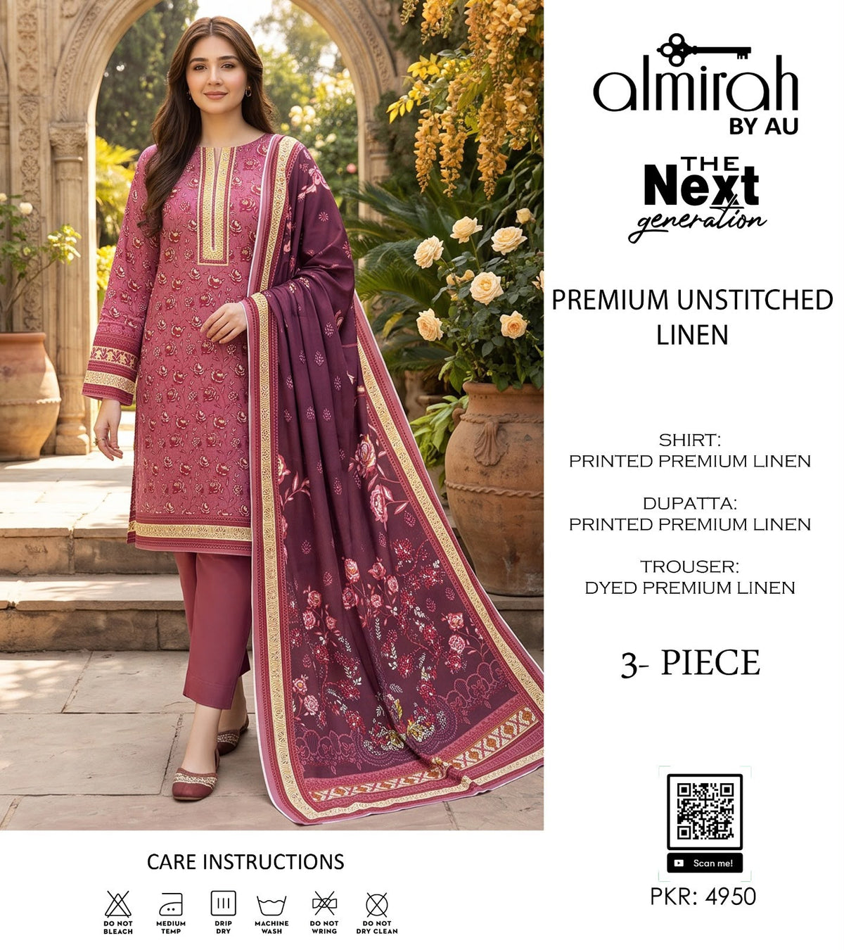 Almirah Premium Lelan 3Pcs Digital Printed Unstitched Suit 001992