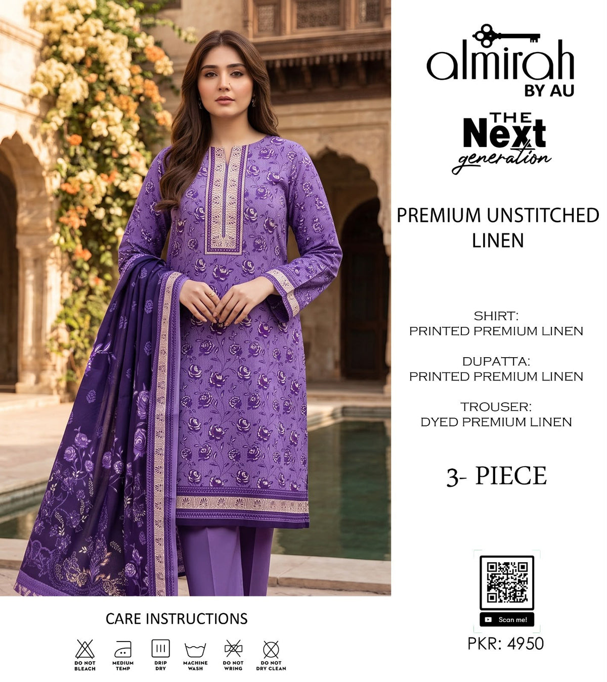 Almirah Premium Lelan 3Pcs Digital Printed Unstitched Suit 001993