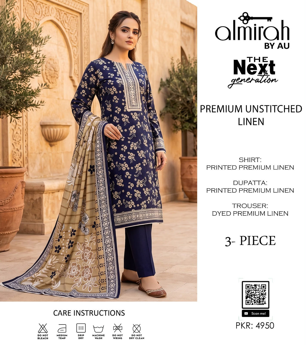 Almirah Premium Lelan 3Pcs Digital Printed Unstitched Suit 001998