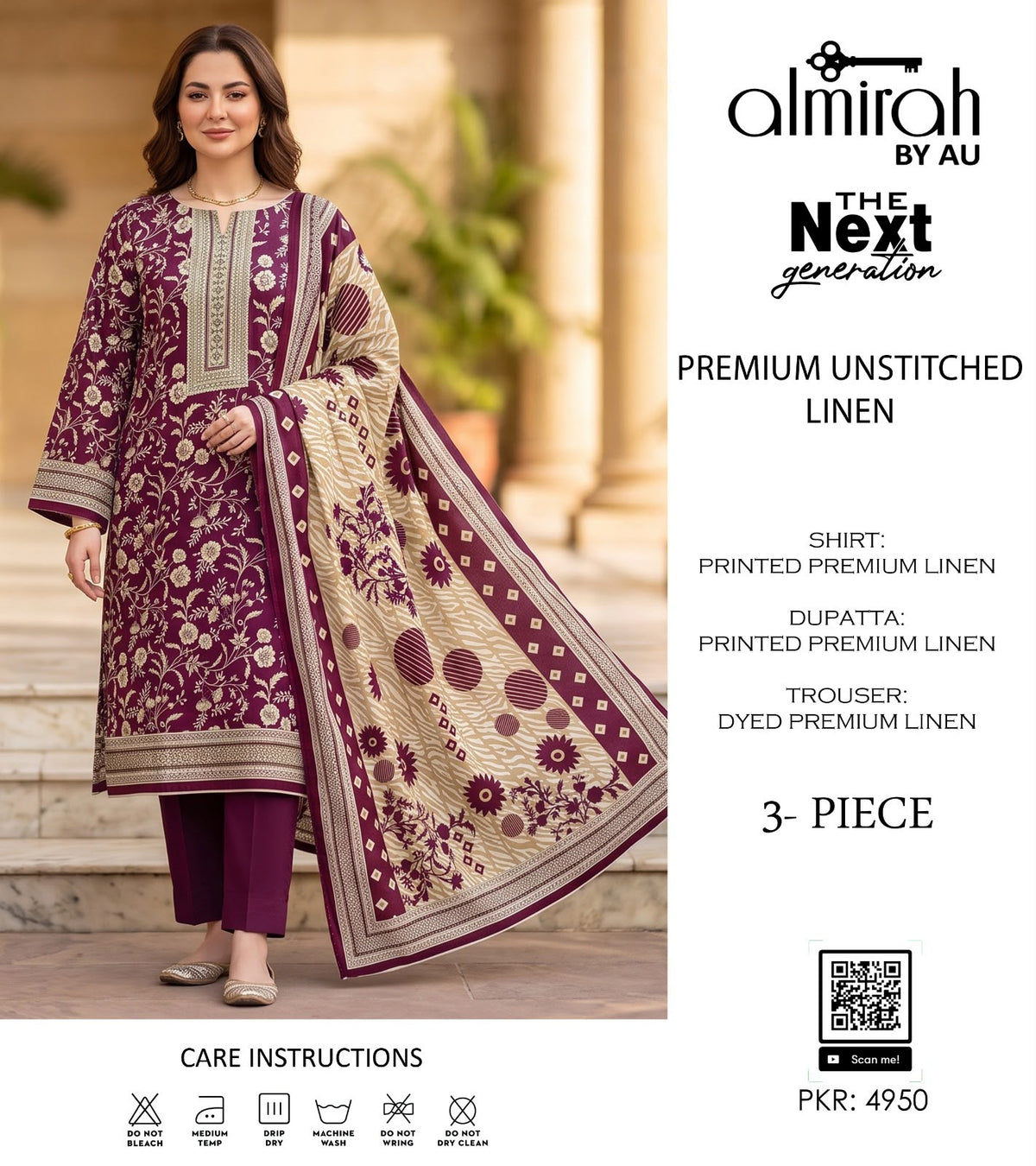 Almirah Premium Lelan 3Pcs Digital Printed Unstitched Suit 001999