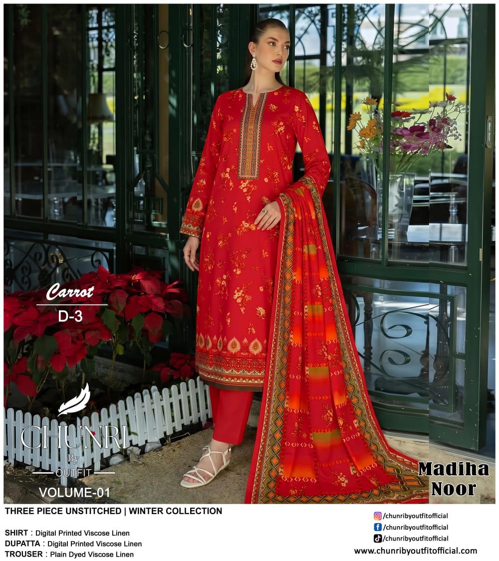 Chunri By Outfit Printed Viscose Lelan 3 Pcs Unstitched Suit 002054