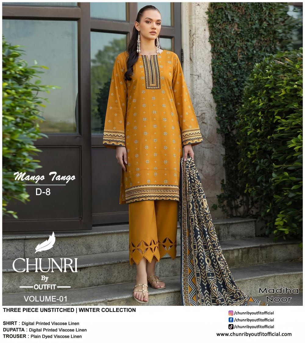 Chunri By Outfit Printed Viscose Lelan 3 Pcs Unstitched Suit 002057