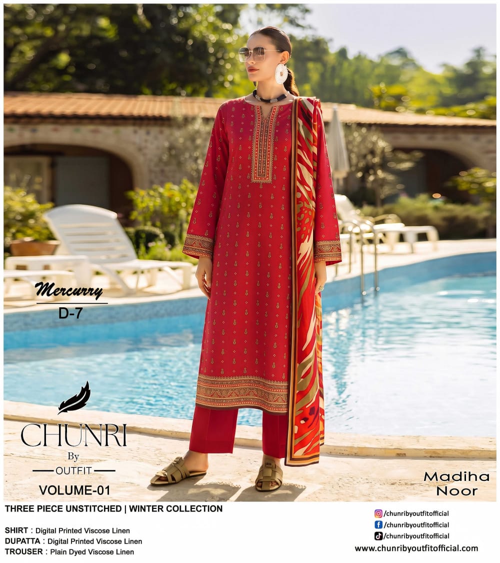 Chunri By Outfit Printed Viscose Lelan 3 Pcs Unstitched Suit 002056