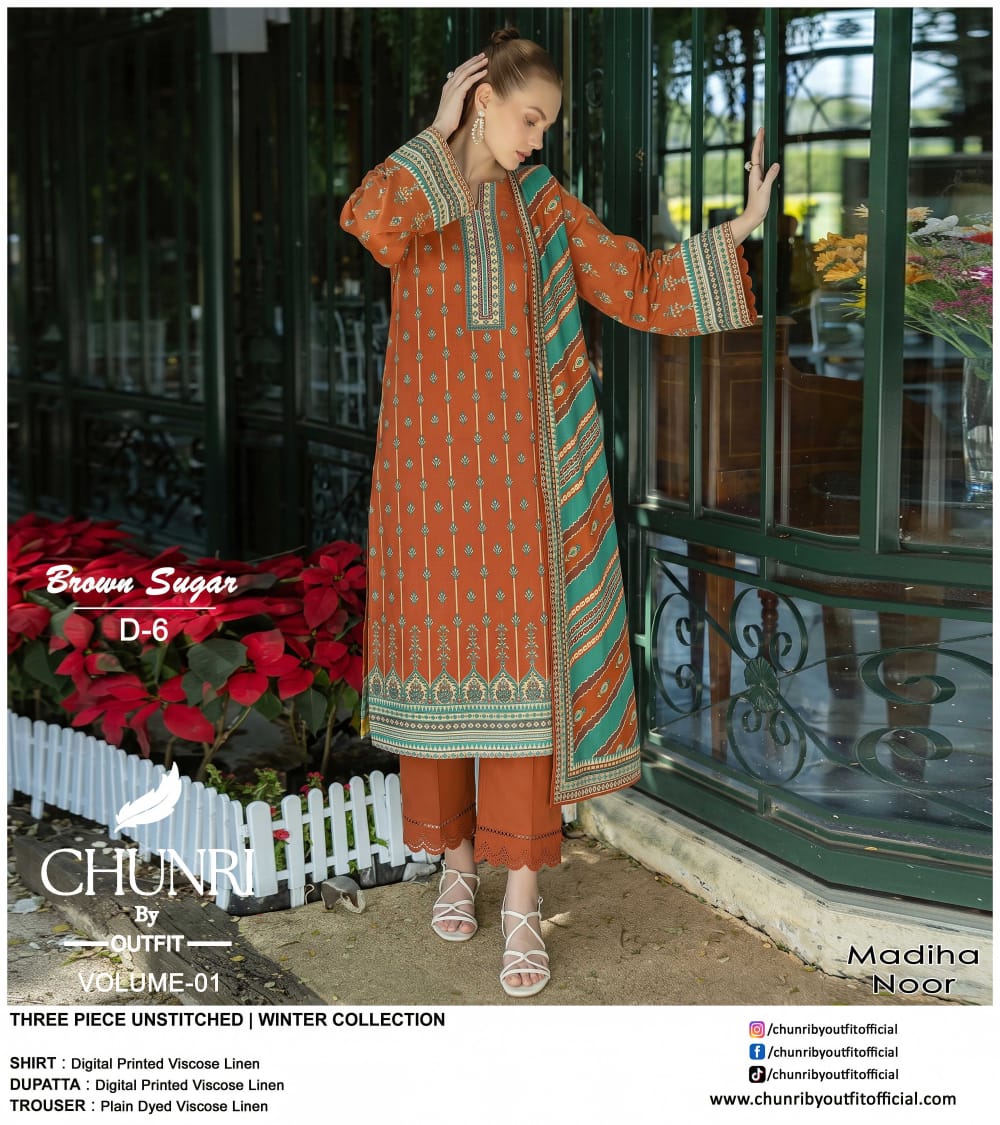 Chunri By Outfit Printed Viscose Lelan 3 Pcs Unstitched Suit 002059