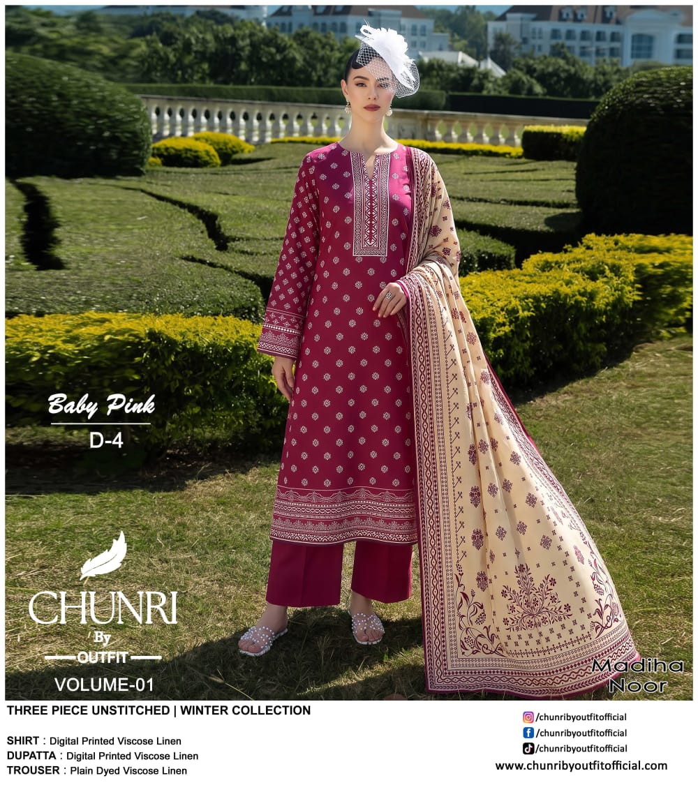 Chunri By Outfit Printed Viscose Lelan 3 Pcs Unstitched Suit 002058