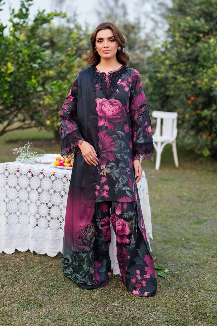 Iznik 3 Piece Unstitched Heavy Embroidered Lawn Replica Suit | UE-401 Black