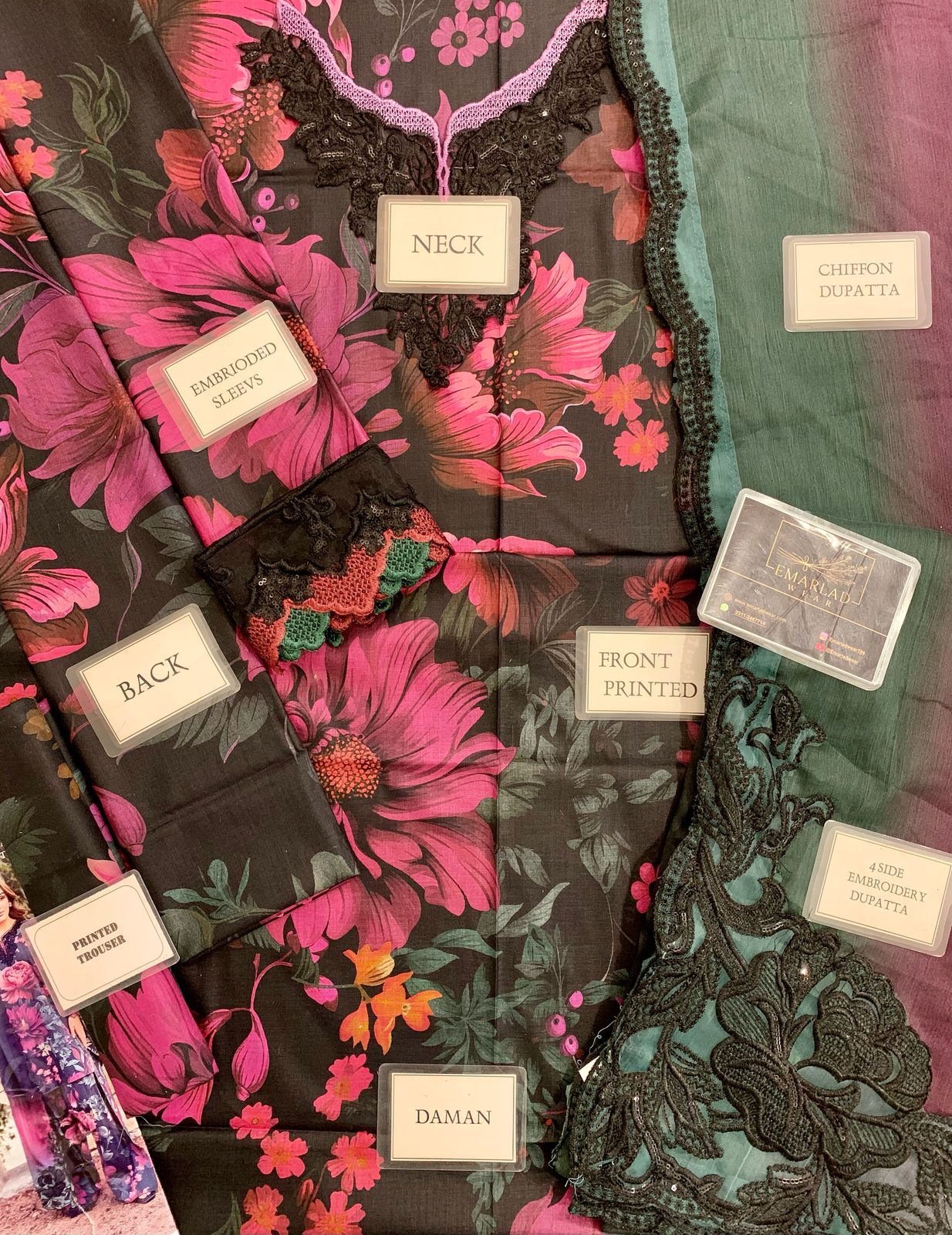 Iznik 3 Piece Unstitched Heavy Embroidered Lawn Replica Suit | UE-401 Black