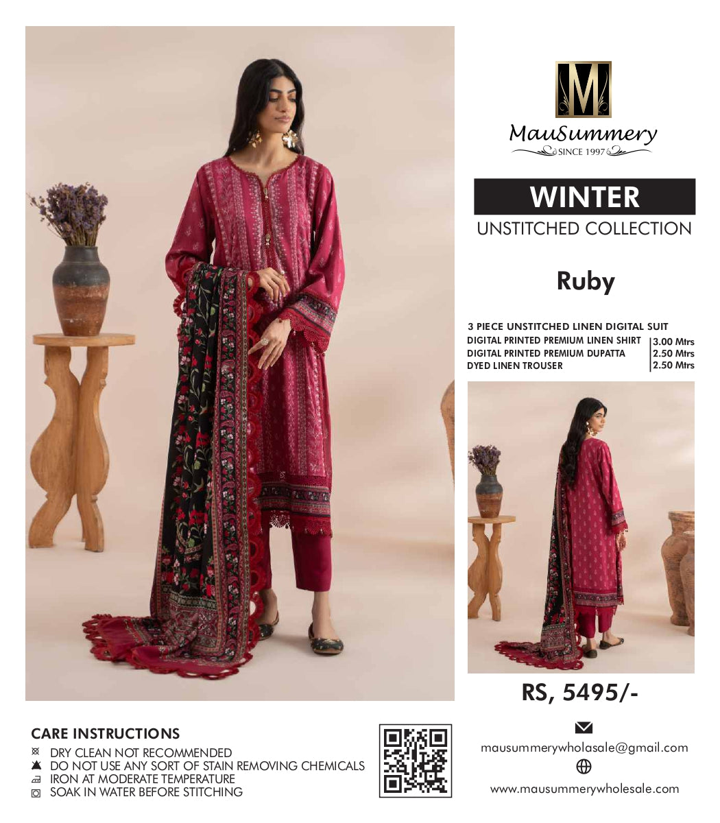 Musammary Linen Digital Suit | 3-Piece Unstitched Winter Suit  000726