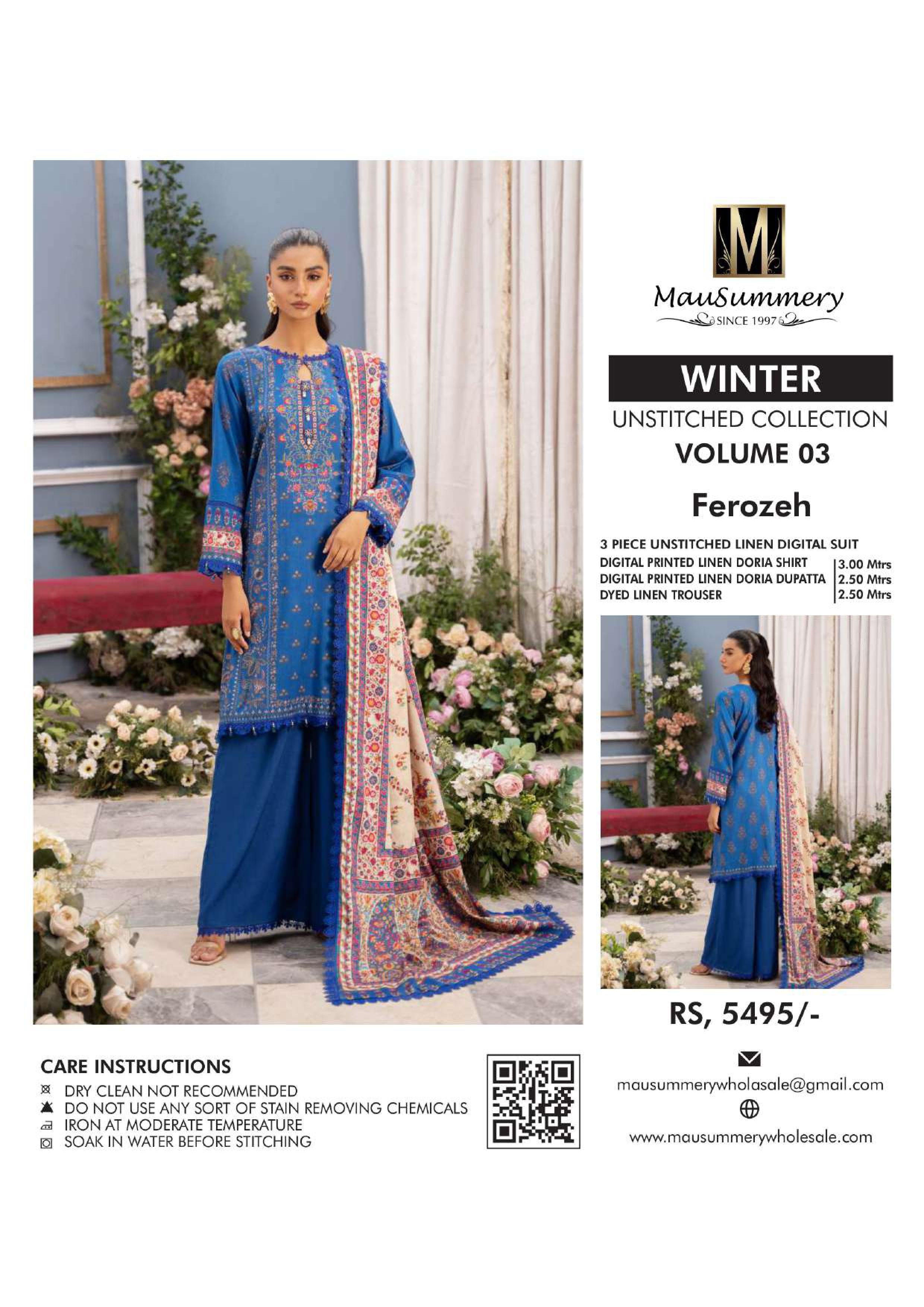 Musammary Banadoreya Digital Printed Linen 3PC Unstitched Winter Suit  000696