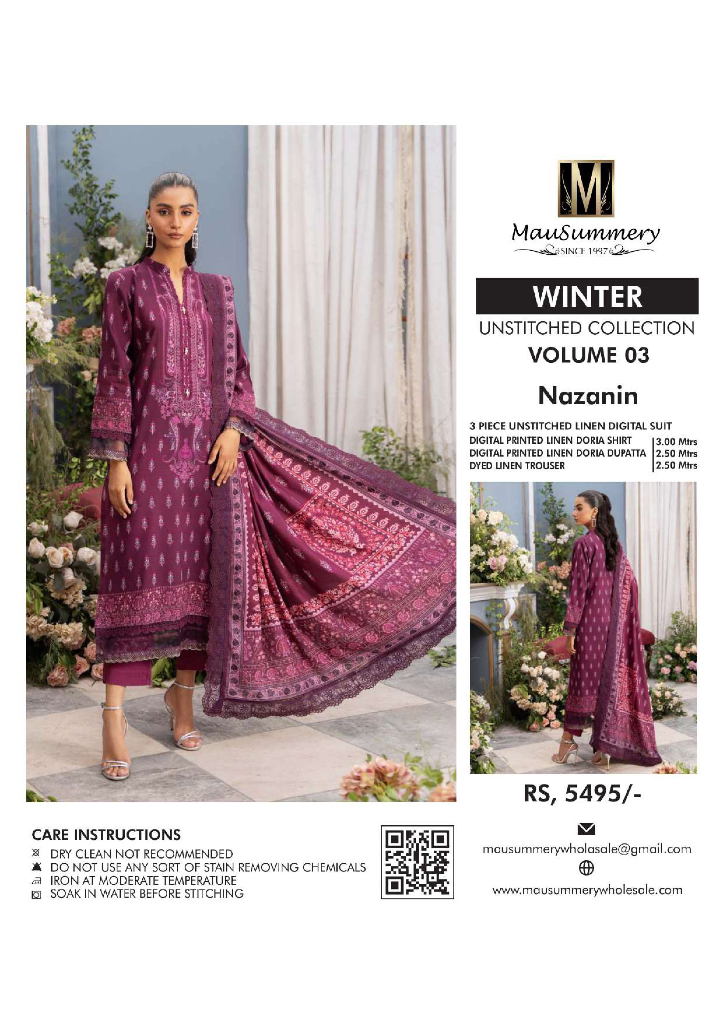 Musammary Banadoreya Digital Printed Linen 3PC Unstitched Winter Suit  000703