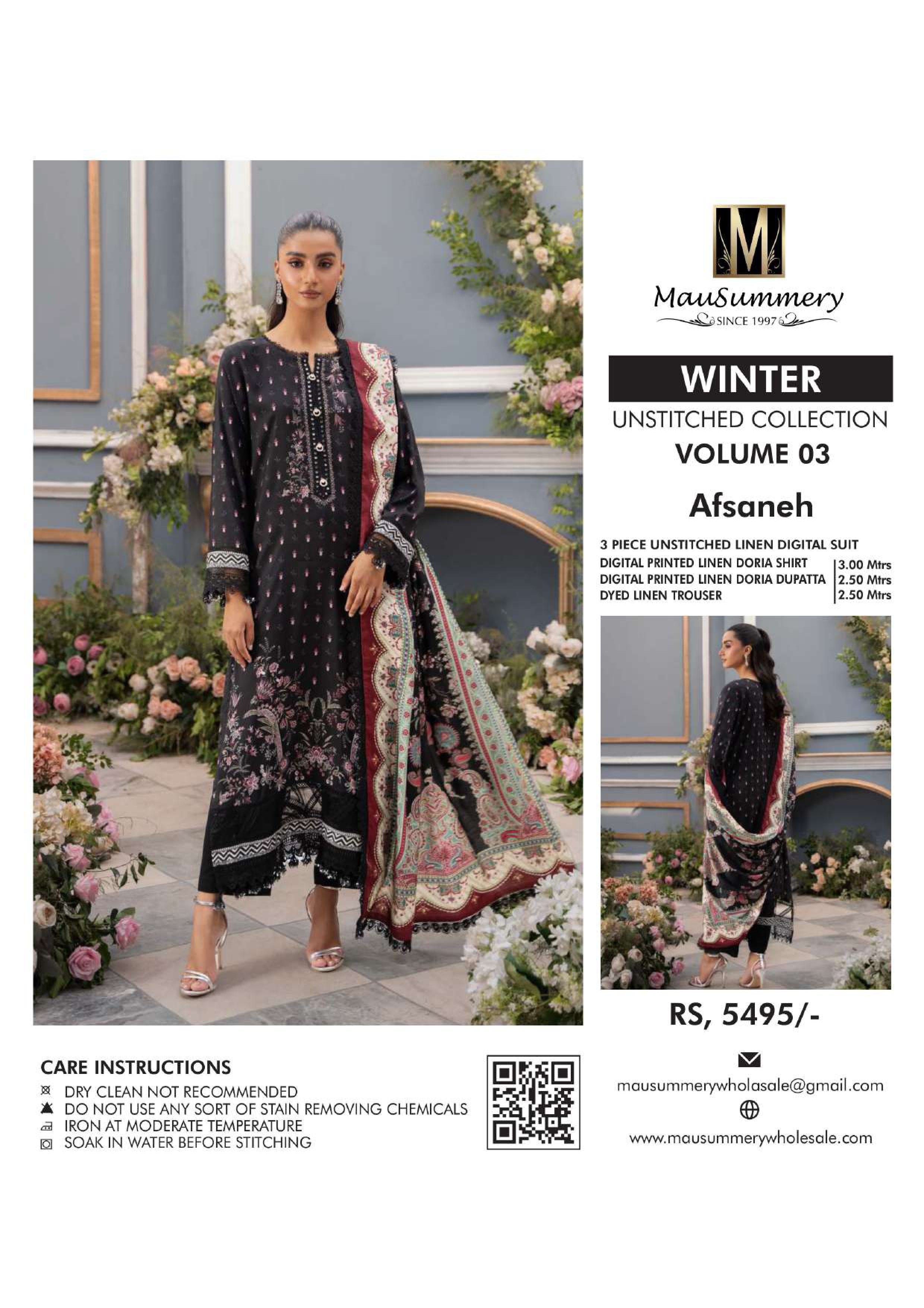 Musammary Banadoreya Digital Printed Linen 3PC Unstitched Winter Suit  000700