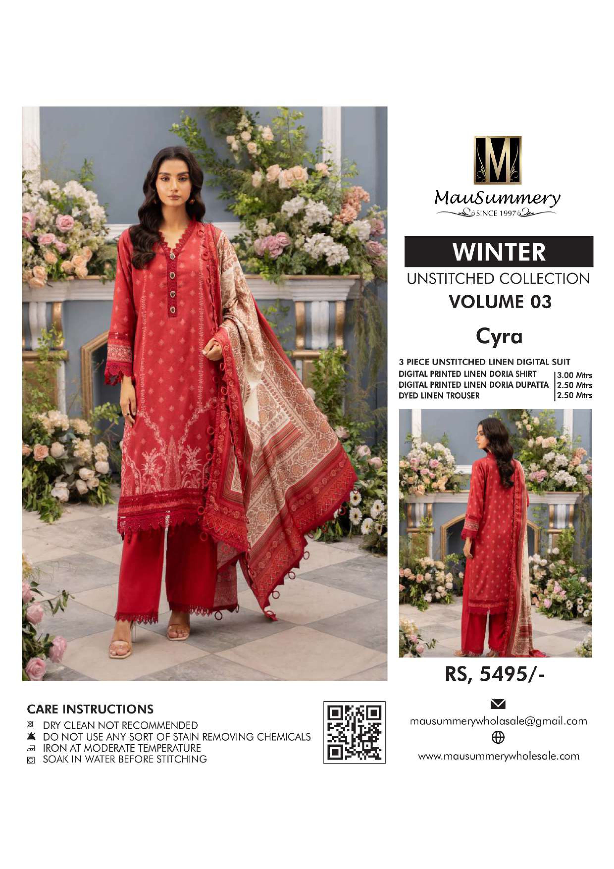 Musammary Banadoreya Digital Printed Linen 3PC Unstitched Winter Suit  000699