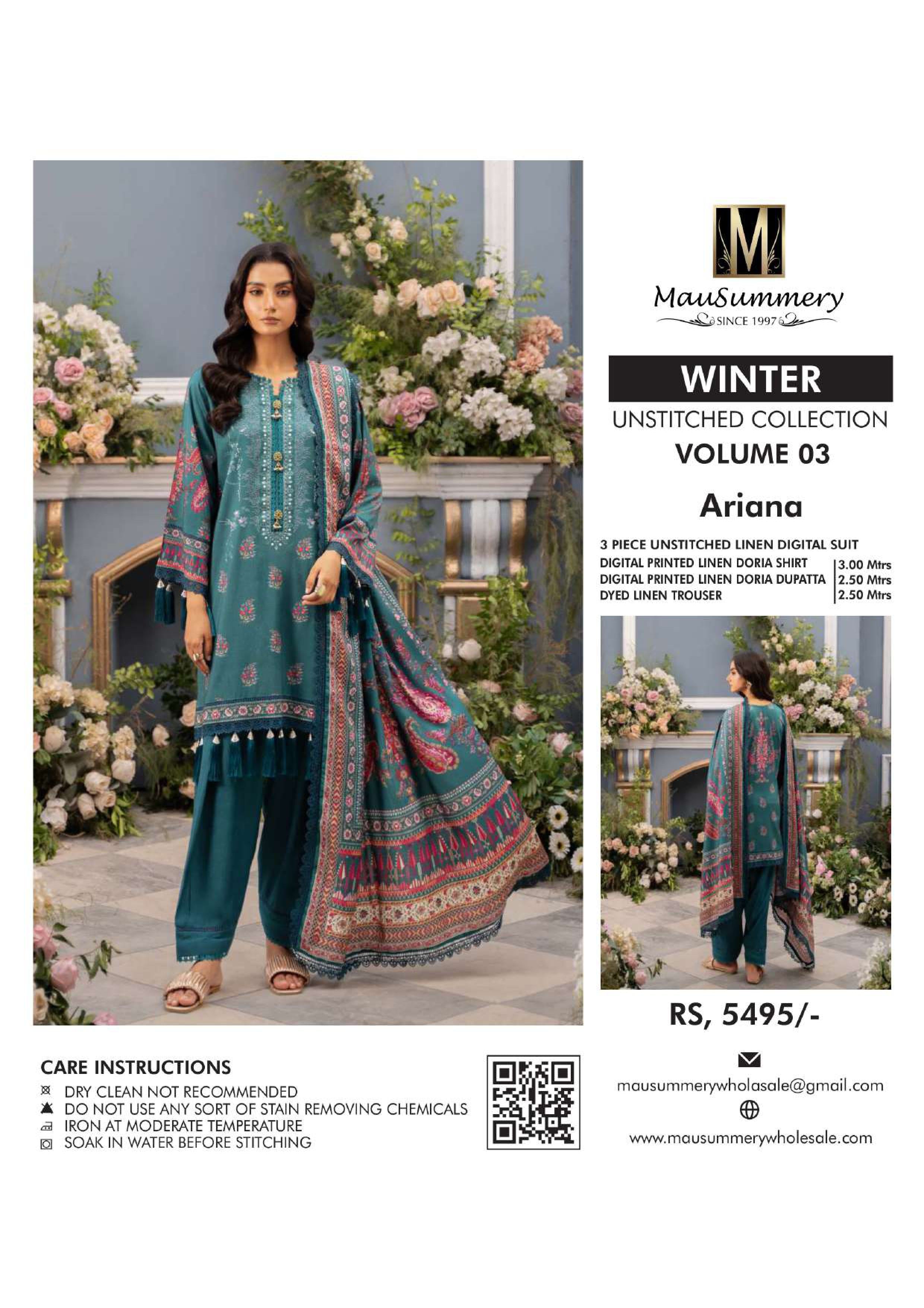 Musammary Banadoreya Digital Printed Linen 3PC Unstitched Winter Suit  000697