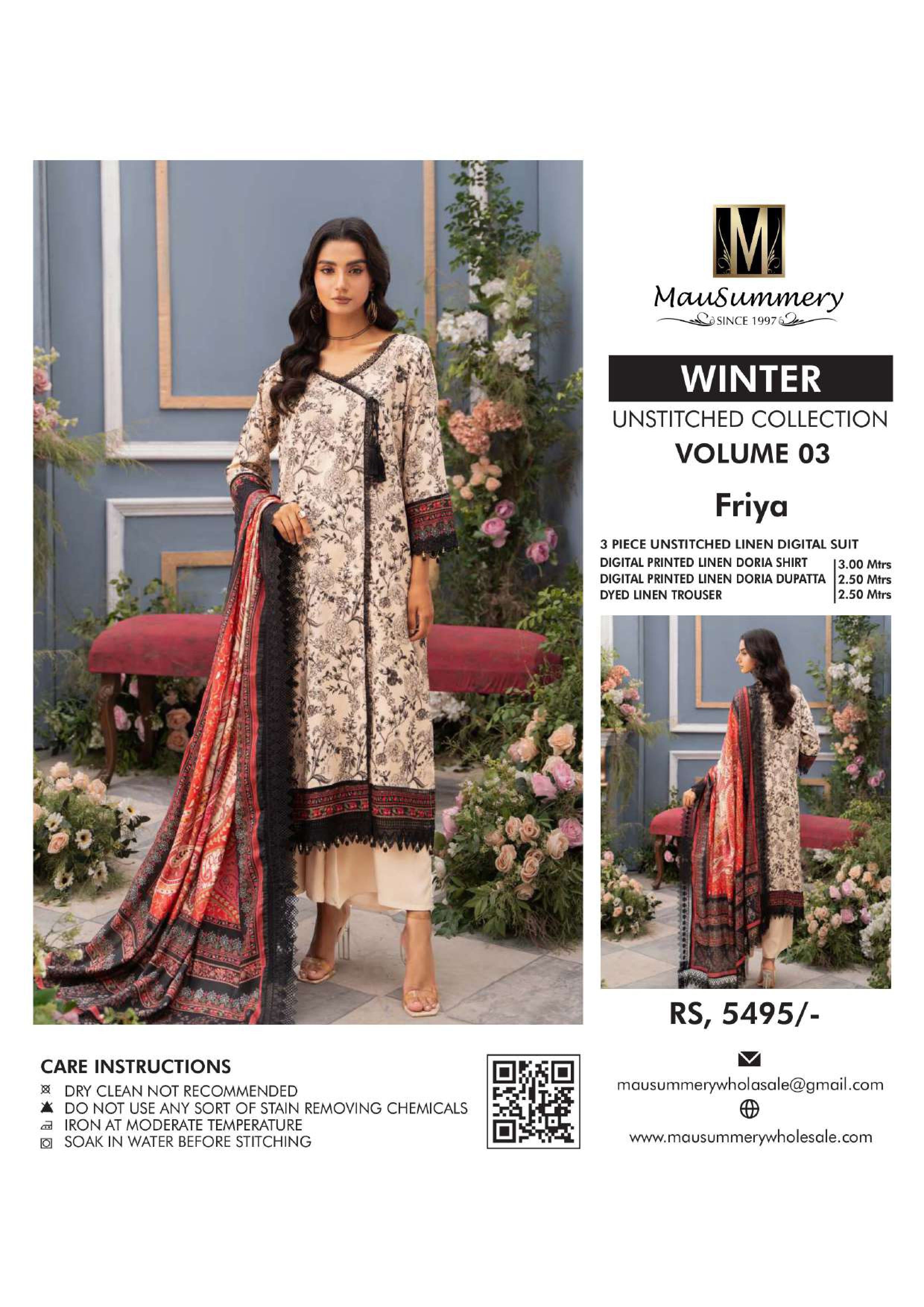 Musammary Banadoreya Digital Printed Linen 3PC Unstitched Winter Suit  000698