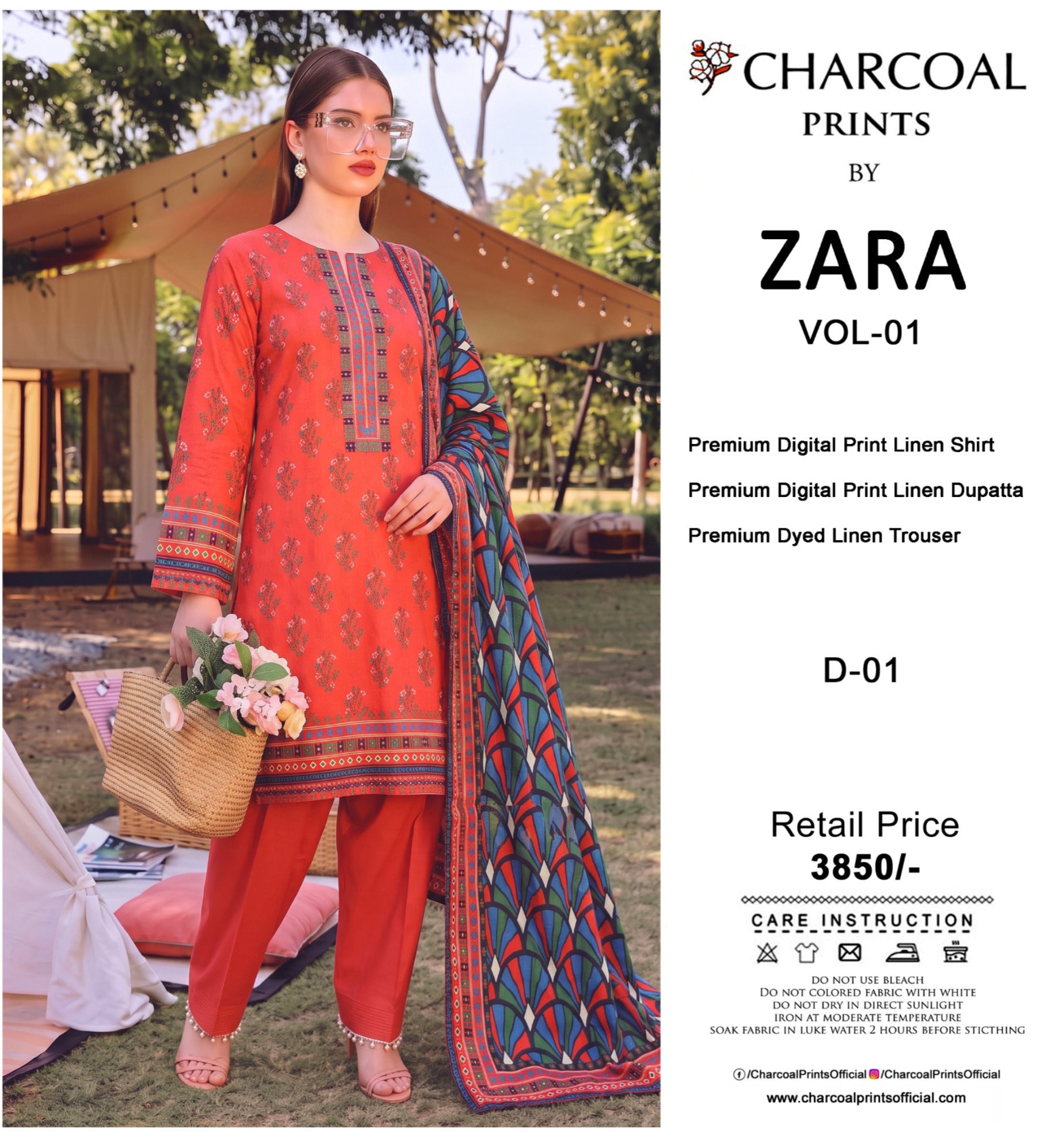 Charcoal Original Lelan 3PC Printed With Dyed Trouser 001908