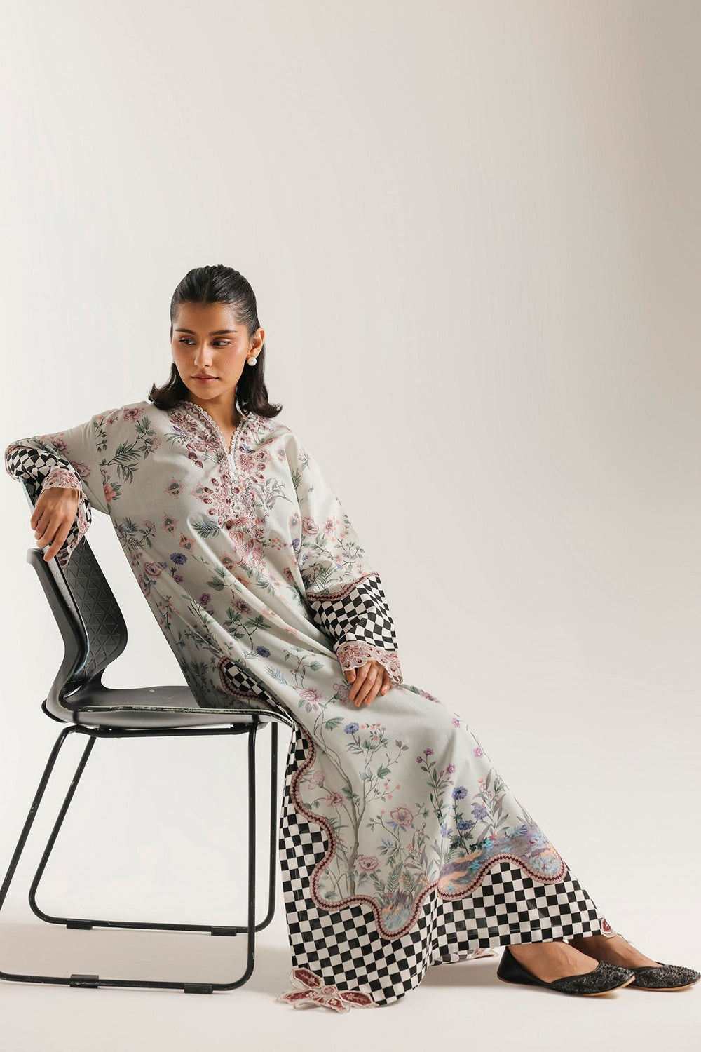 Ethnic Printed Grip Silk Kaftan 2Pcs Shirt Trouser Unsticthed